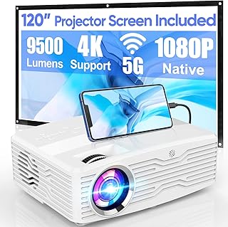 Native 1080P 5G WiFi Projector, 9500 Lumens Projector for Outdoor Movies with 120" Projector Screen, Wireless Mirroring/4K/Smartphone/TV Stick/HDMI/USB Supported