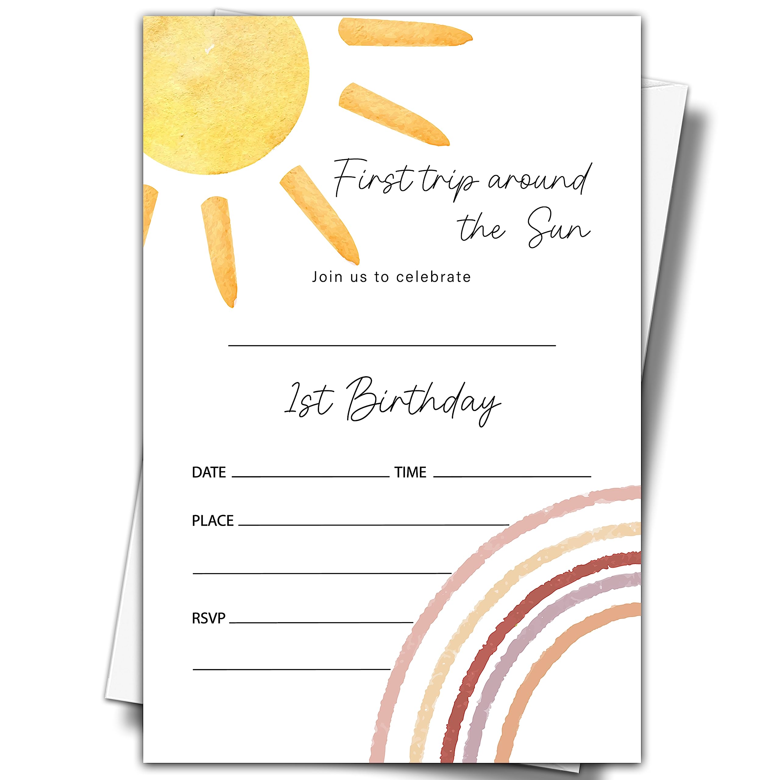 Sunshine 1st Birthday Party Invitations, 20 Invite Cards with Envelopes, 4" x 6" First Trip Around the Sun Birthday Invites for Boys Girls Party Supplies - E28