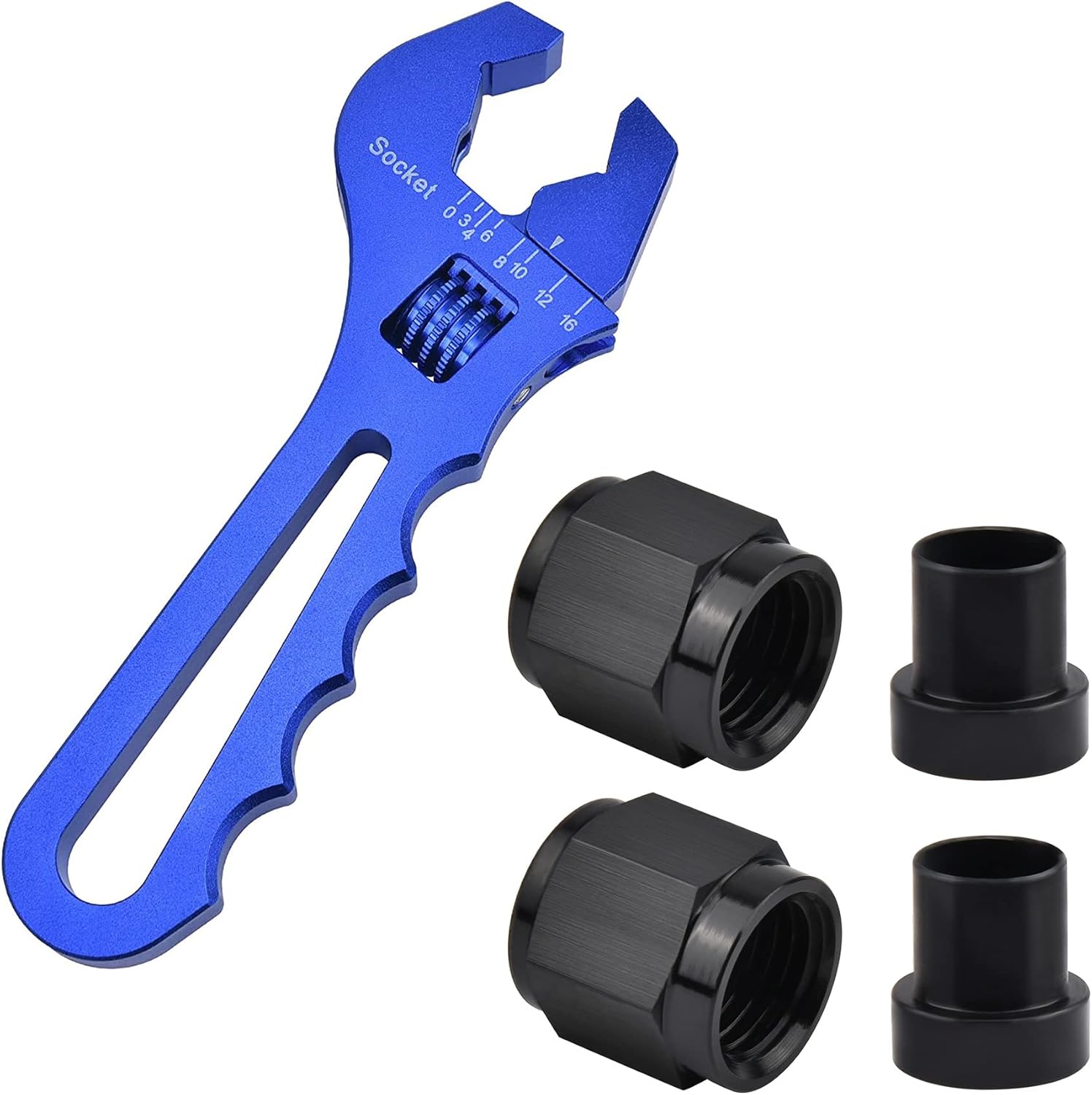 EVIL ENERGY 4AN Female Hardline Tube Nut & Sleeve 2PCS Bundle with Adjustable 3AN-16AN Wrench Aluminum Blue