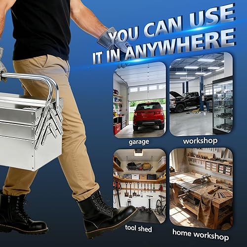 Miniatura 6 de Caja de herramientas de metal con soporte, caja de herramientas de acero inoxidable de 3 niveles con 5 bandejas, plegable con asa, caja de