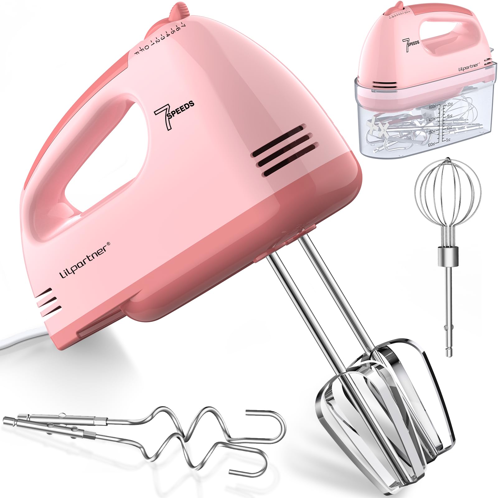 LILPARTNER Electric Hand Mixer with Storage Box, Ultra Power Kitchen Hand Mixer With 7-Speed &amp; 5 Stainless Steel Accessories for Whipping Dough, Cream, Cake, Dishwasher Safe, LIGHT PINK BOX