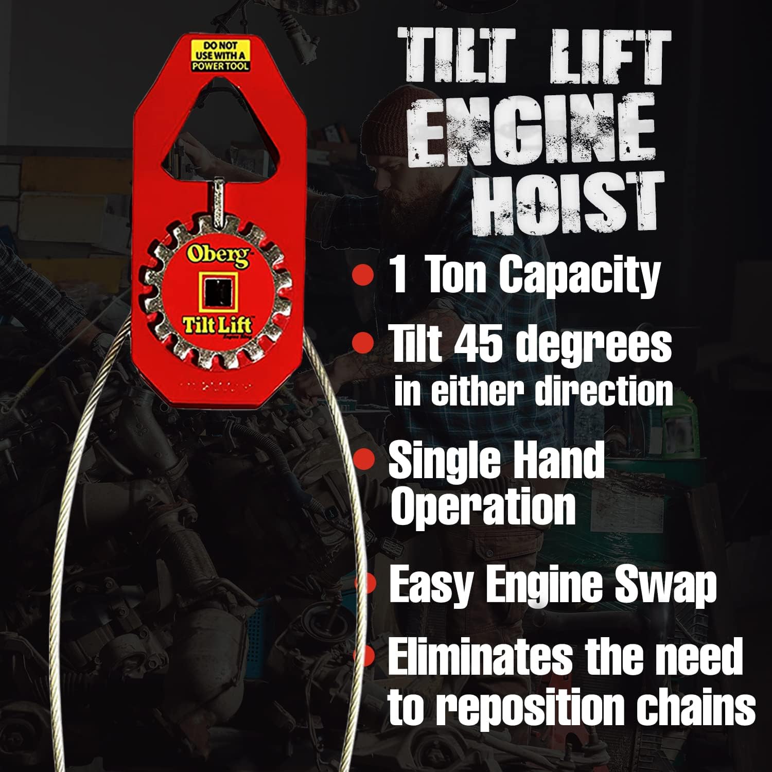 Oberg Tilt Lift - Engine Hoist Sling | No Chain Hoist Hassle | 1 Ton Capacity | 45 Degree Tilt | Single Hand Operation | Easy Engine Swap | Mounting Cleats Fasten to Any Engine | 3 to 1 Safety Factor : Automotive