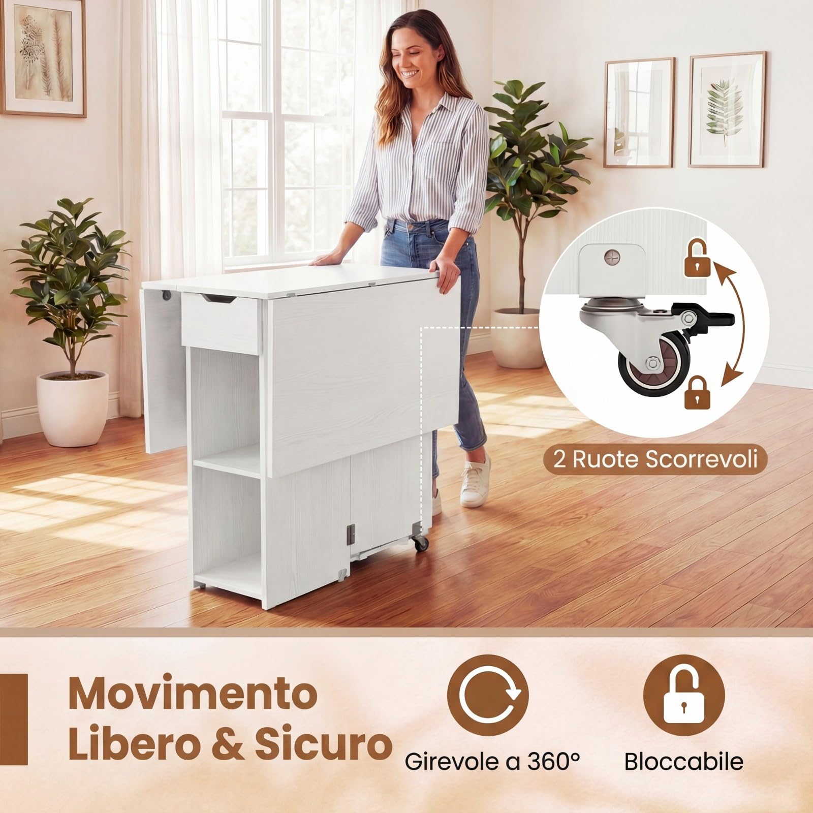 COSTWAY Tavolo da Pranzo Pieghevole, Tavolo Salvaspazio per 4-6 Persone con 2 Ripiani, Cassetto e Ruote a Freno, Tavolino Cucina per Cucina, Soggiorno e Ufficio, 120 x 72 x 75 cm (Bianco)