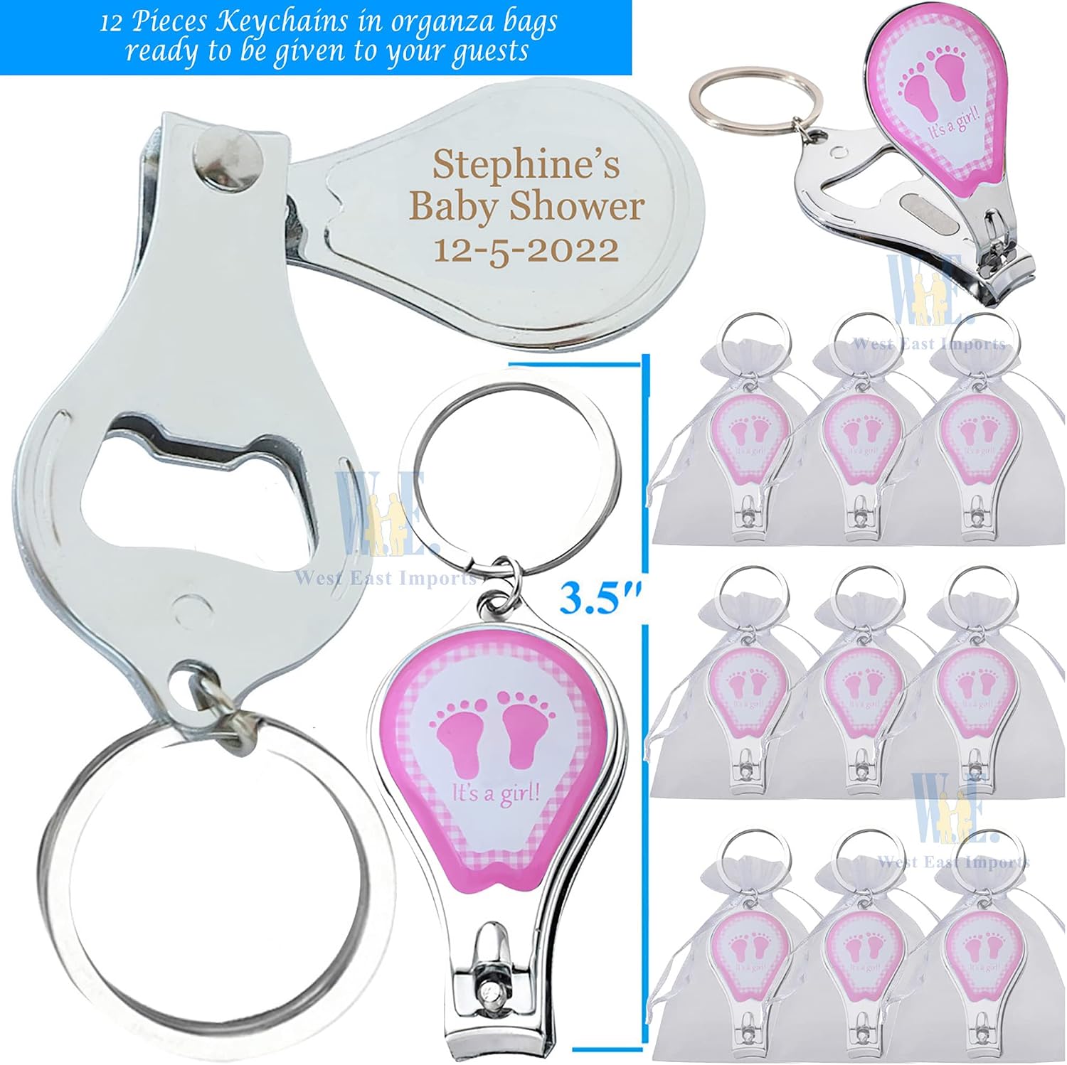 Personalized Baby Shower (12 PCS) Pink Girl Keychain Favors/Nail Clipper and Bottle Opener/Custom Laser Engraving Gift (Footprint)