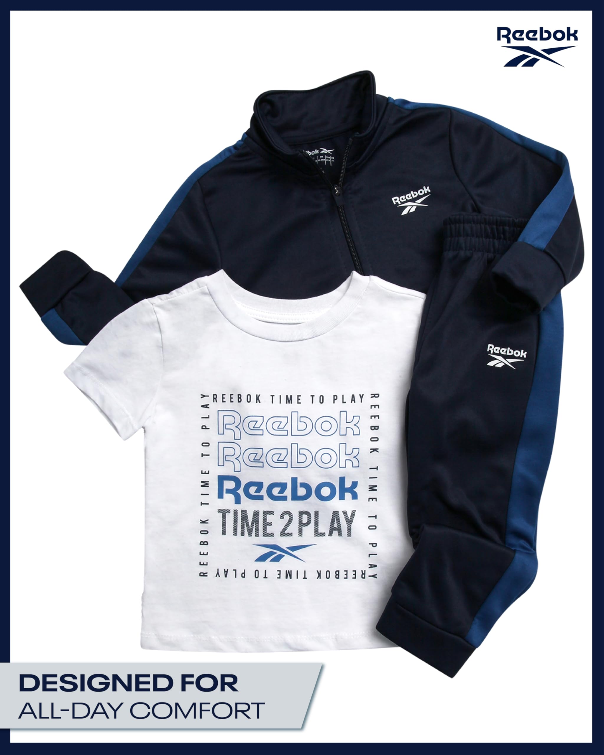 Reebok Set di 3 pantaloni da bambino, con giacca a maniche corte e pantaloni da jogging per neonati e ragazzi