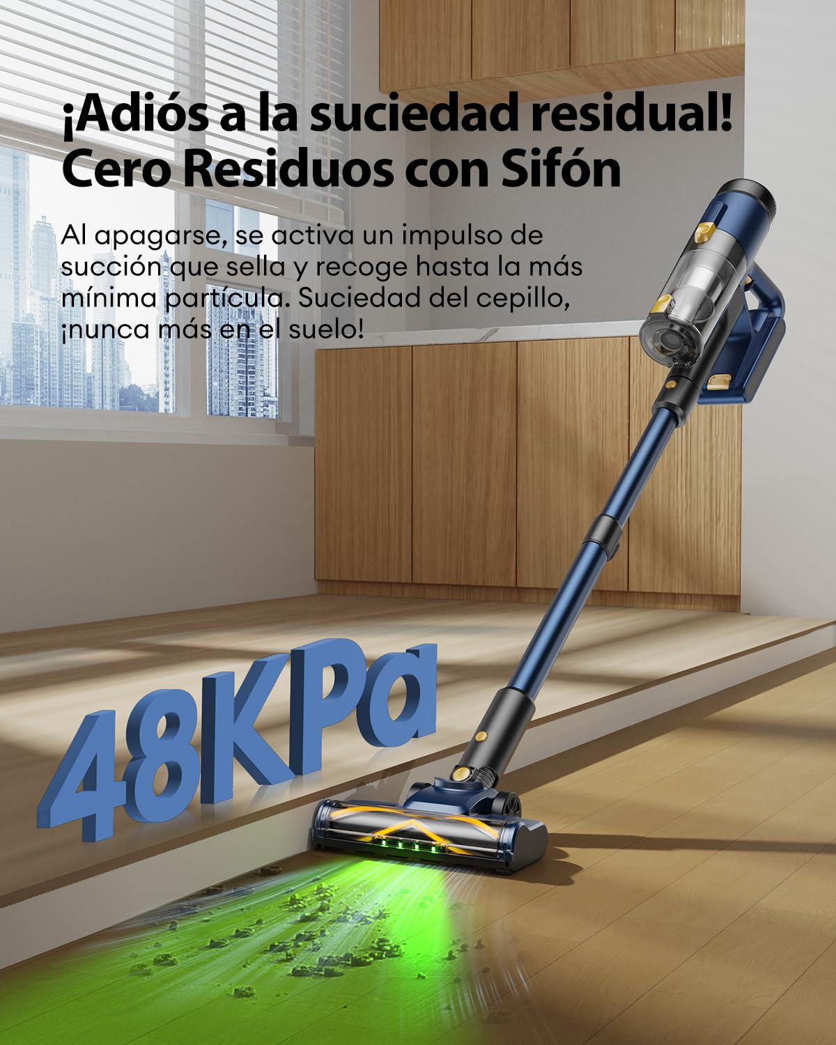 CHEFREE Aspirador sin Cable Anti-Enredo 48Kpa, 50min, Luz Verde Delantera, 2.2KG ErgoLite™ para Articulaciones, Filtro H11 para Alergias, Ideal para Suelo Duro, Alfombras y Mascotas (Azul)