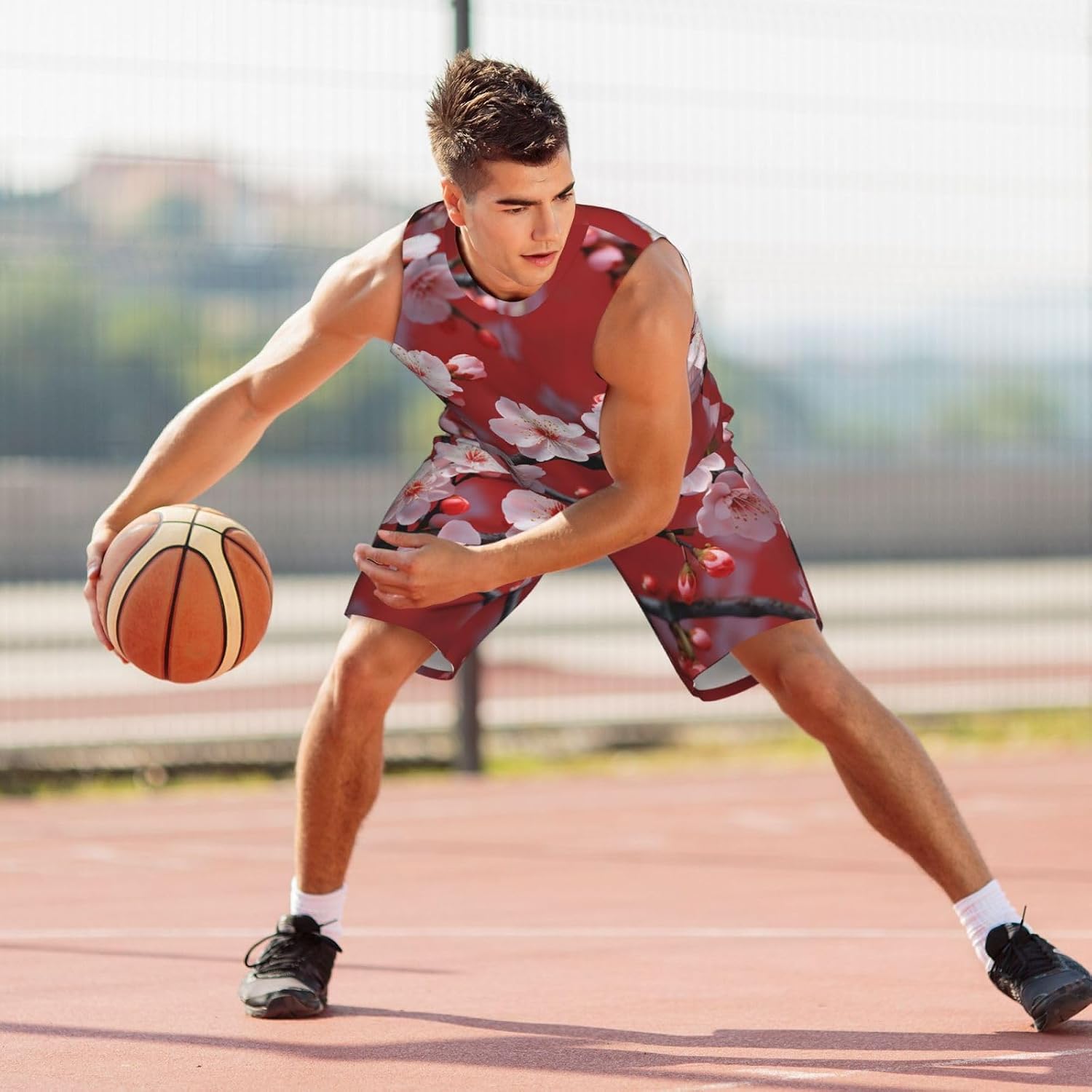 Mens Basketball Jerseys Peach Plum Blossom Uniform Suit Mesh Sports Jersey Outfits T-Shirt and Short Sets
