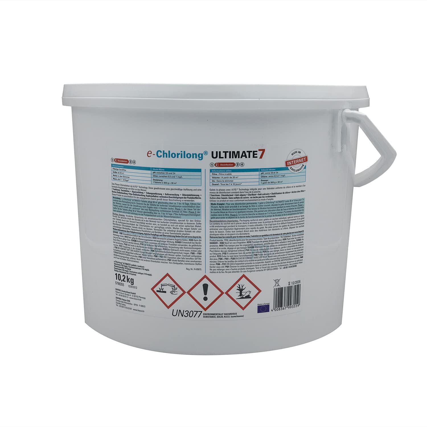 BAYROL e.CHLORILONG Ultimate 7 Galet 300g - 10,2kg | Chlore Lent Stabilisé Multiaction - Désinfection Régulière Multifonction avec Action Choc - Dissolution Lente + 10 Tests HPS OFFERTS 6 en 1