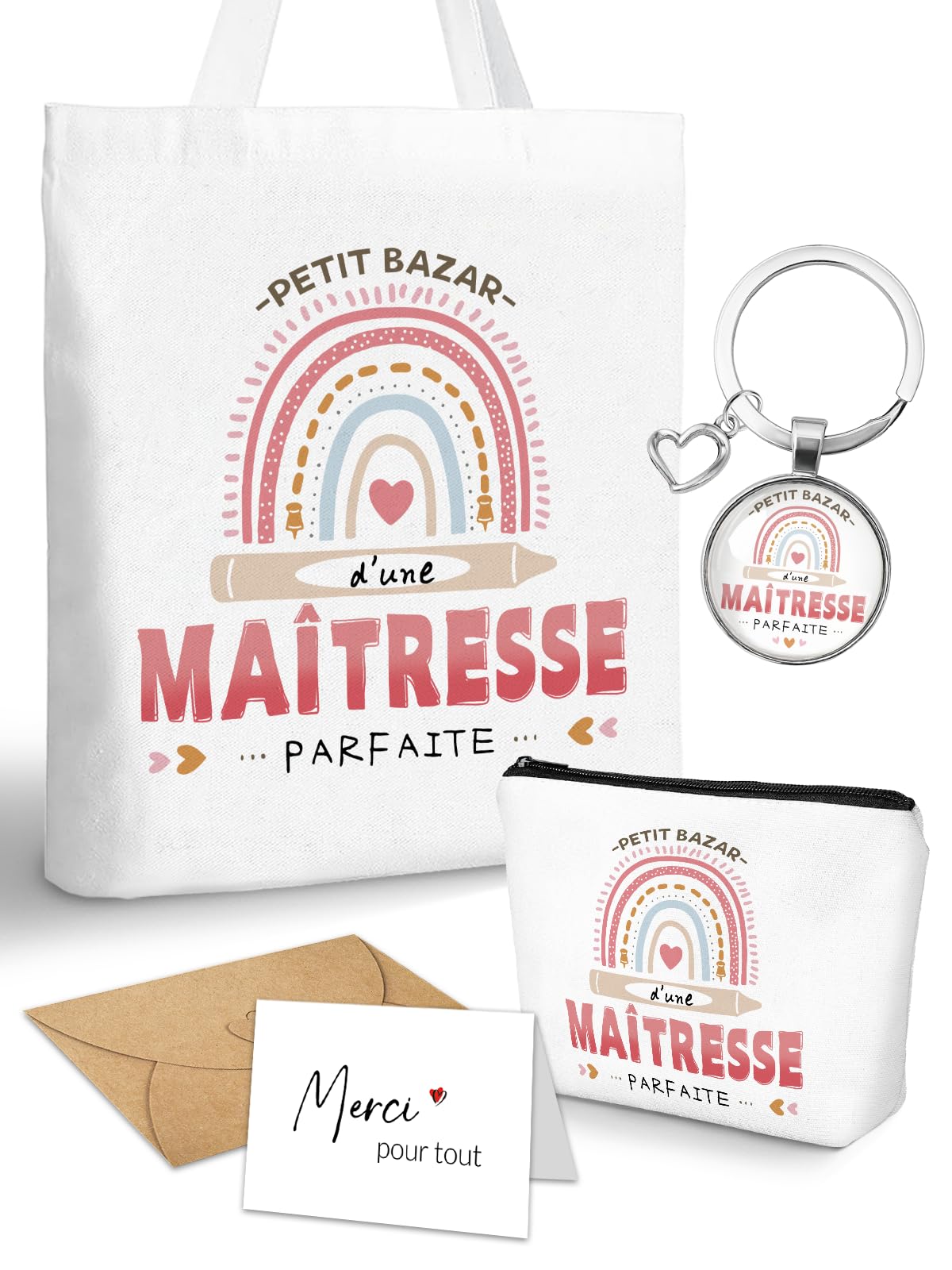 Cadeau Maitresse D'école, Cadeaux Maitresse Sac Tote Bag, Porte Clés et Carte de Remerciement, Merci Cadeau Maitre D'école Fin D'année