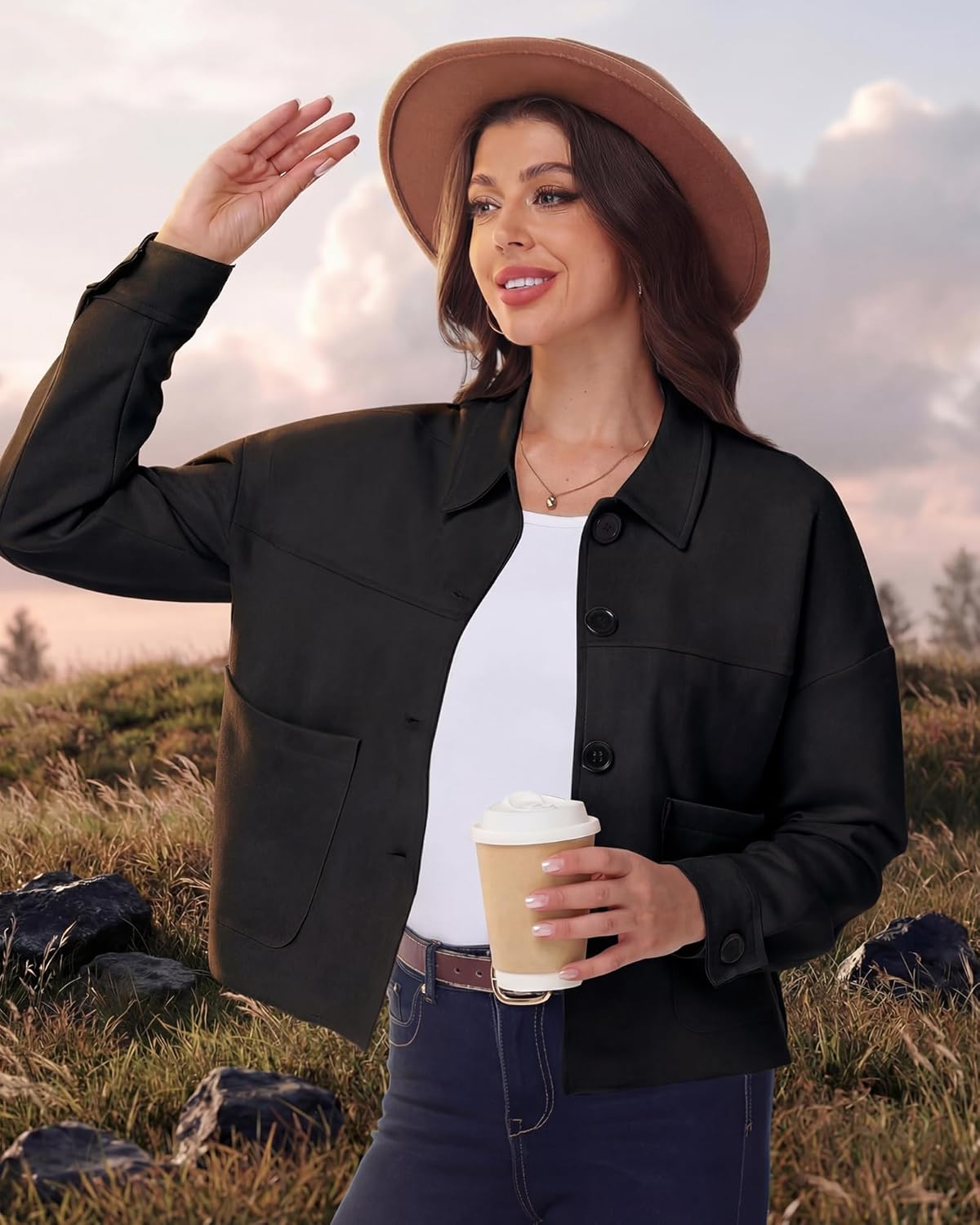 Simlakey Womens Faux Suede Cropped Jacket Casual Lapel Collar Button Down Fall Jackets Vintage Winter Coats Outerwear - Image 5