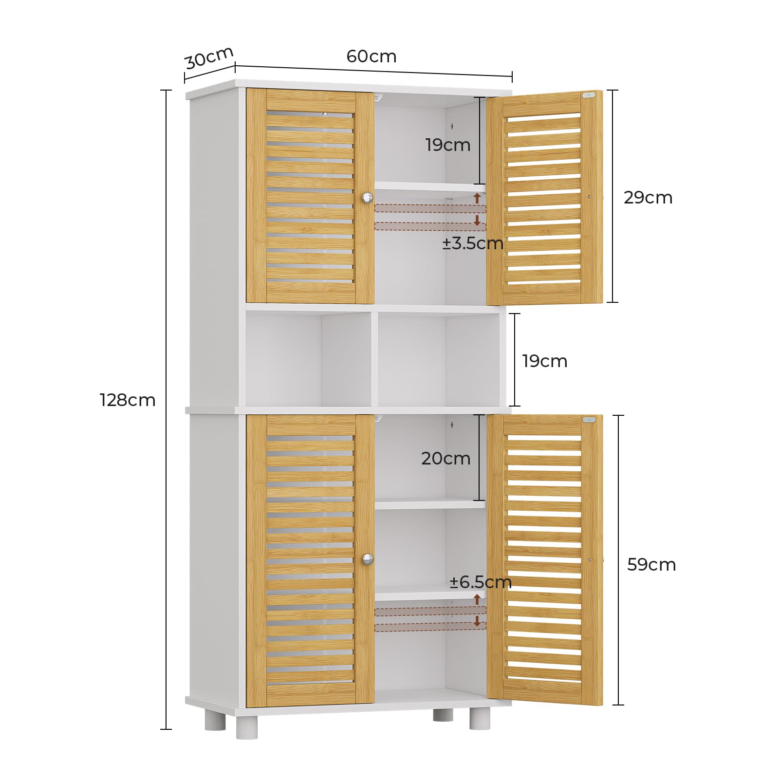 Mobile Alto da Bagno con Ripiani Regolabili, Mobiletto Bagno con 4 Ante in Bambù, Mobiletto Cucina Salvaspazio con 2 Scomparti Aperti, Mobiletto Multiuso per la Cucina, 60x30x128 cm