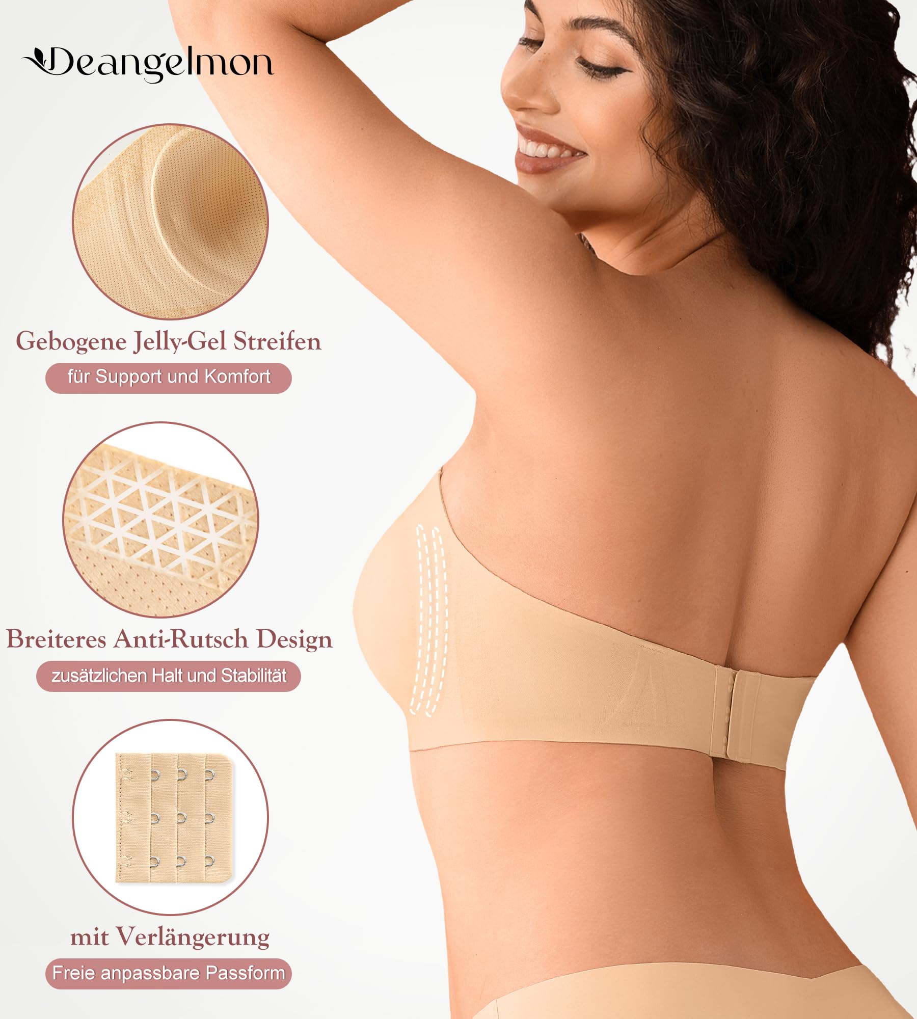 DEANGELMON Trägerloser BH Damen ohne Bügel Bandeau BH ohne Träger Push Up Strapless Bra Nahtloser BHS Gepolsterter Bralette mit Rutschfestes Silikon Seamless Tube Top