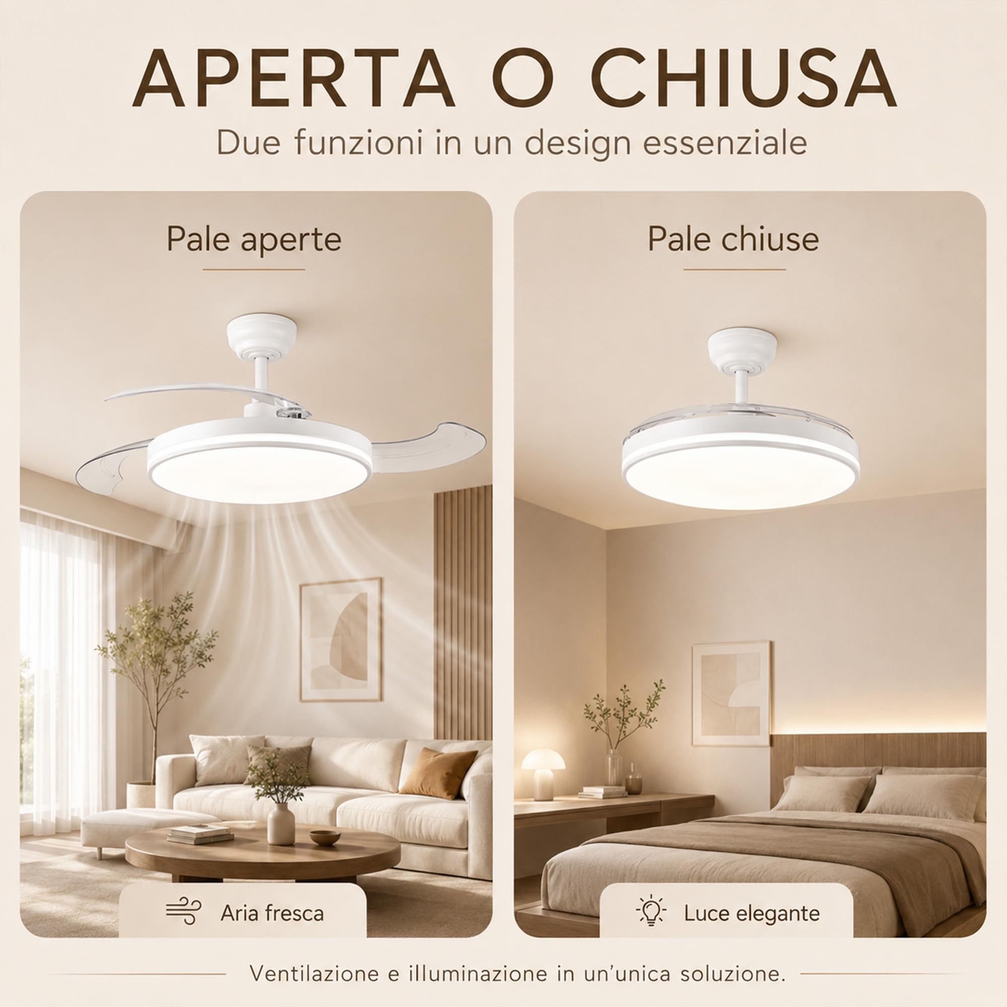 MARSI Ventilatore da Soffitto con Luce e Pale Retrattili 106cm, Lampadario Ventilatore Silenzioso con Telecomando, Motore DC Reversibile, 6 Velocità, LED Dimmerabile, per Camera da Letto e Soggiorno