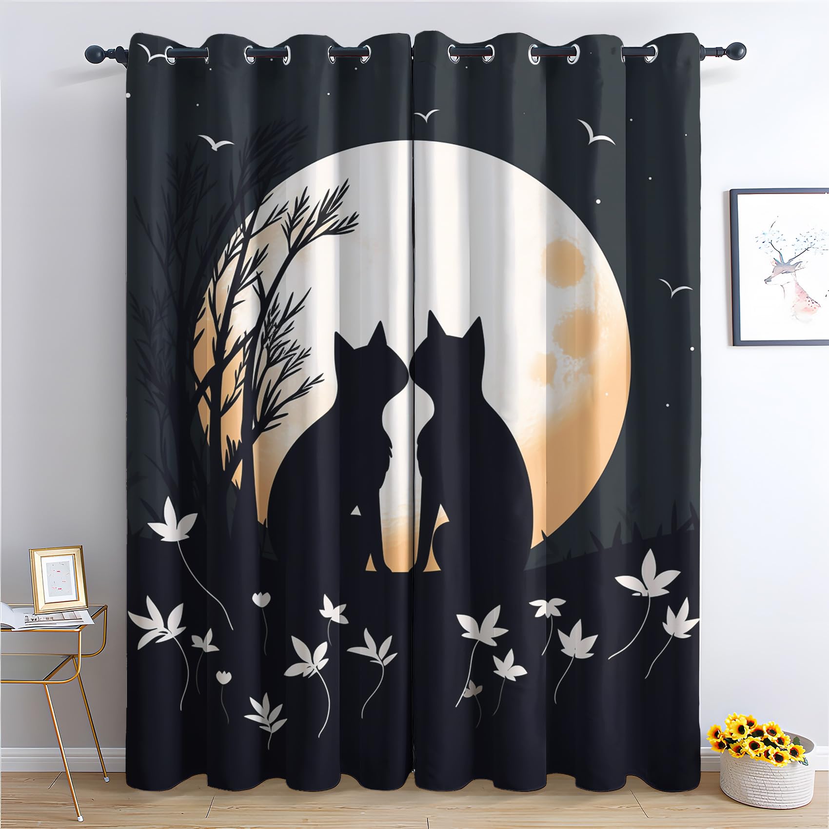 Cartoon Katze Vorhänge, Mondblume Verdunklungsvorhänge mit Ösen, Vorhang Blickdicht für Wohnzimmer Schlafzimmer Dekoration, Gardinen mit Muster, 2er Set, 137 x 117 cm (HöhexBreite)
