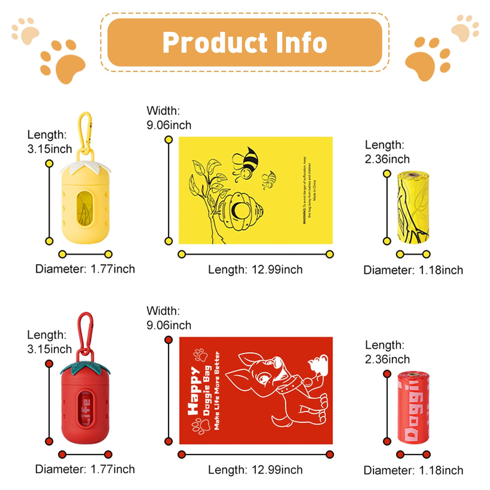 Lot de 2 distributeurs de sacs à déjections canines avec sacs à déjections canines, jaune et rouge