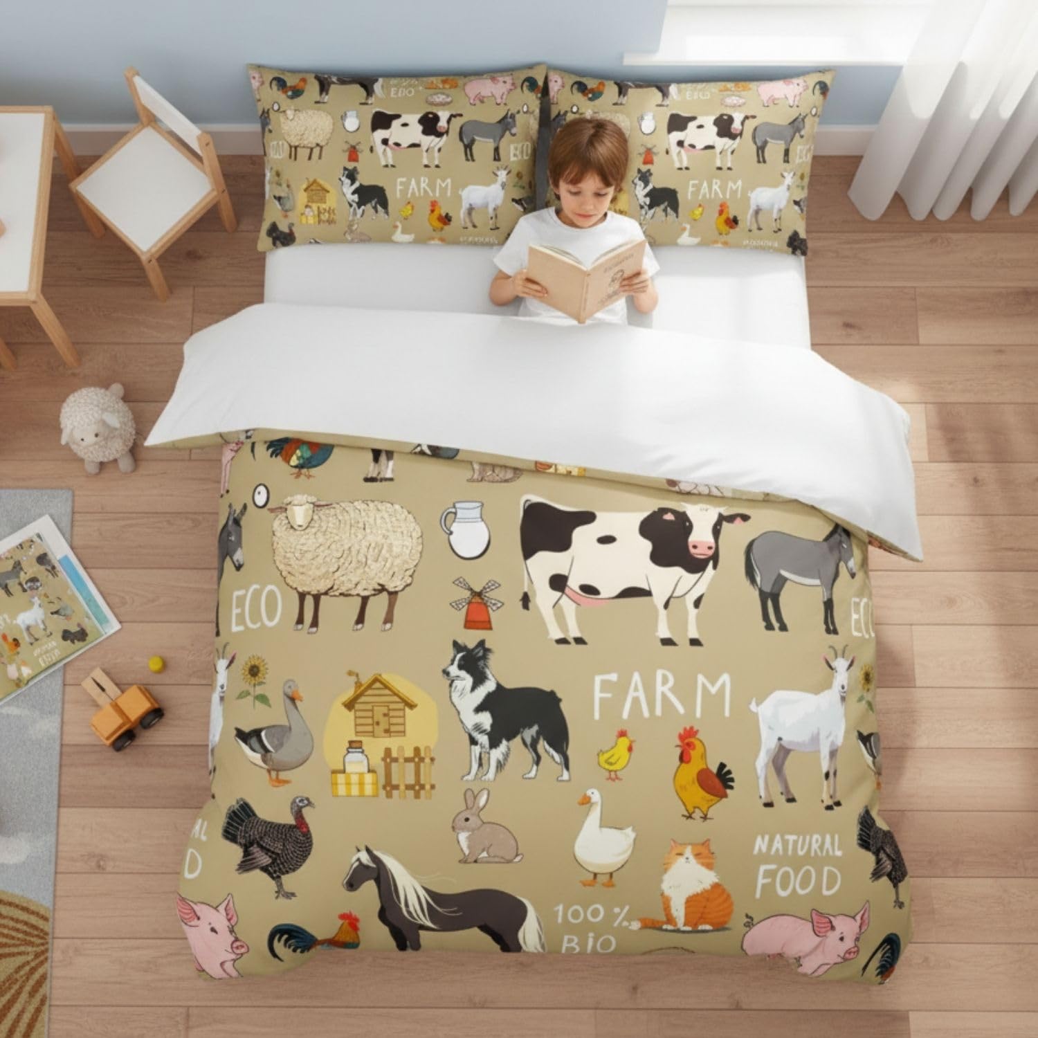 Homewish Farm Animals Duvet Cover King Size Beige Kids Bedding Set Microfibre - Cartoon Farmyard Animal Themed Quilt Cover for Teenagers Children - Cute Cow Horse Pig Cat Print Bed Set