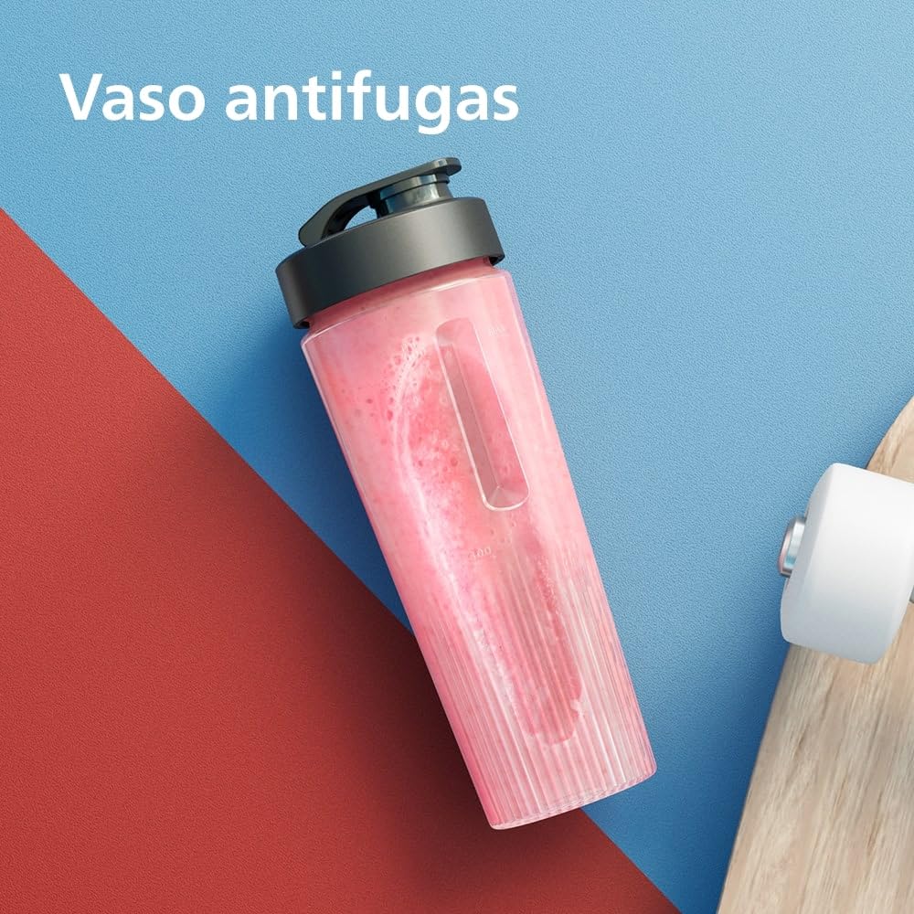 Philips Blend & Go Serie 3000 - Batidora Mini Smoothie, 350W, Vaso de 0,6L, Cuchillas Desmontables de 4 Estrellas, 2 Velocidades, Apta para Lavavajillas, Tecnología ProBlend, Plateada (HR2671/00)