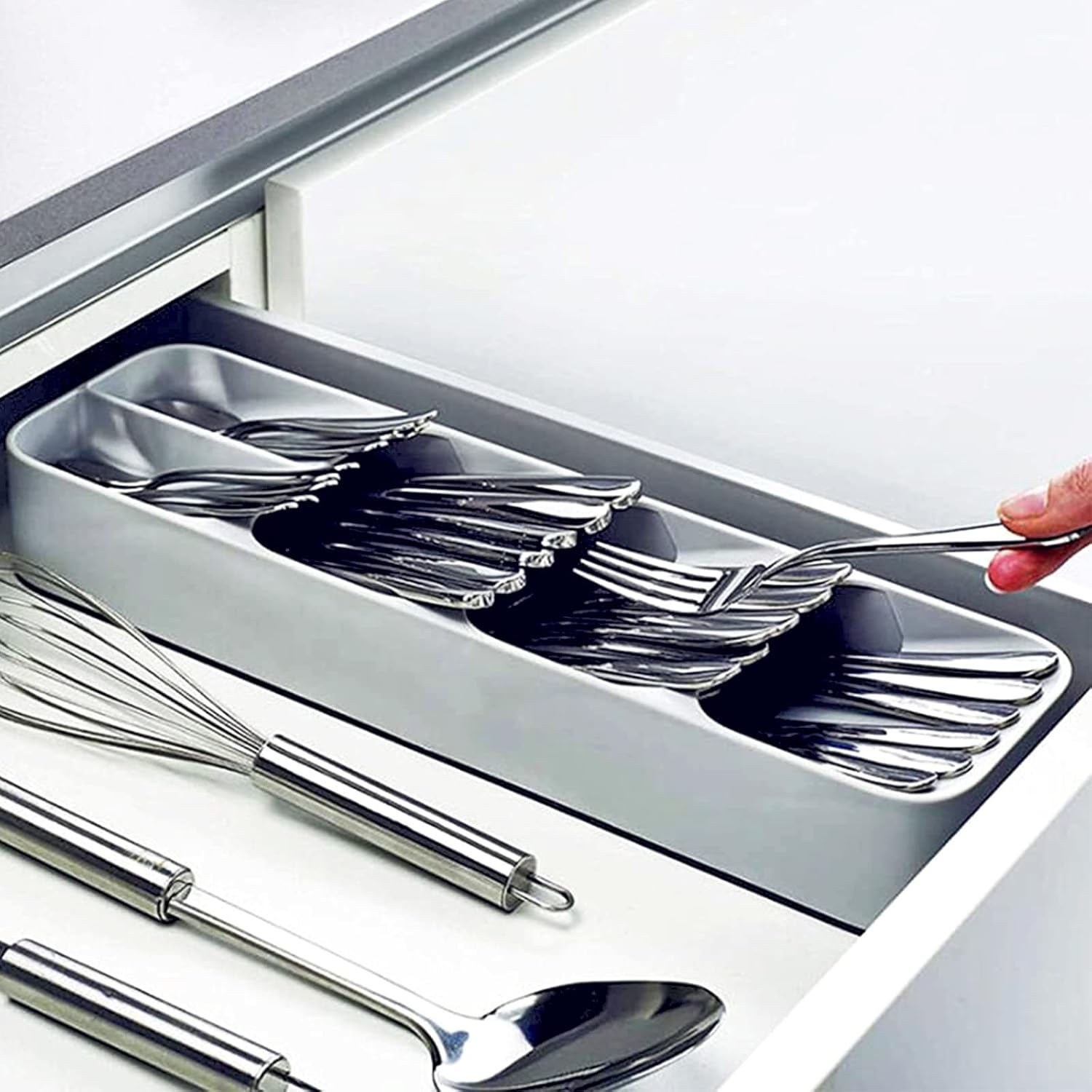 CHLORANTHUS 2 PCS Silverware Organizer - Kitchen Utensil Drawer Organizer Tray for Cutlery Flatware and Knives Storage - Home Dinner Organization for Fork Knife and Spoon Holder Grey