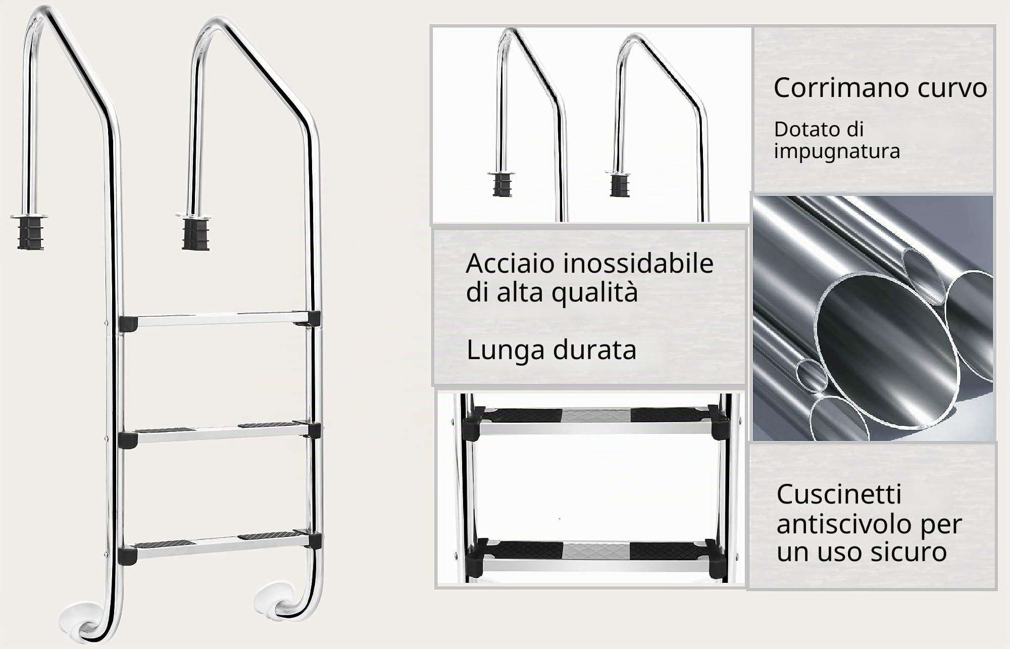 GIANTEX Scala per Piscina 3 Gradini, Scaletta Piscina in Acciaio Inox, Gradini Antiscivolo e Braccioli con Protezione, Portata di 150 kg, 53x63x147 cm, Argento