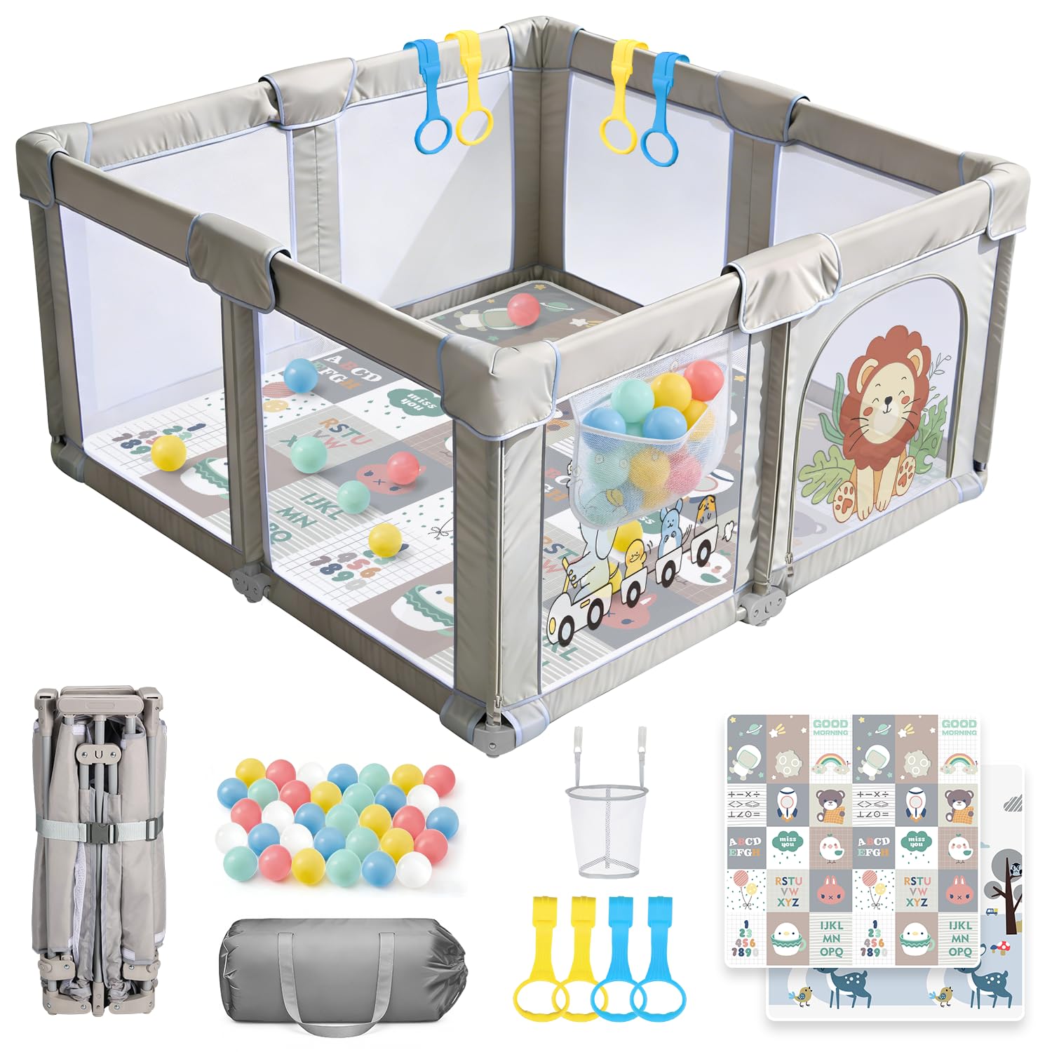 Laufstall Baby Faltbar 130x130 mit Matratze, Tragbarer Laufgitter Baby aus 300D Oxford-Gewebe, 360° Atmungsaktives Netz & Rutschfestem Boden, Sicherer Babyspielplatz für Drinnen & Draußen