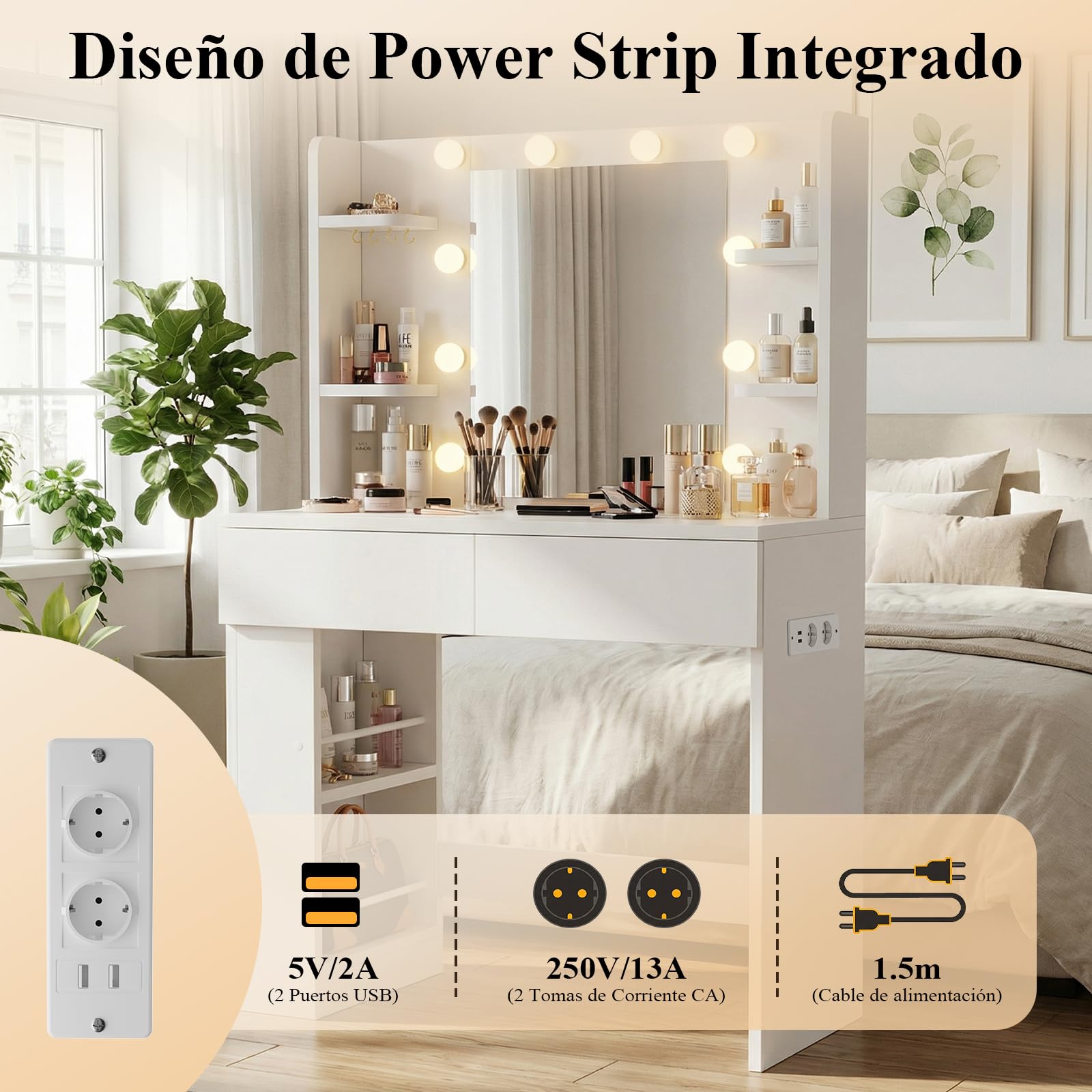 Devoko Tocador de Maquillaje con Luces LED,Brillo Ajustable,Tocador con Espejo,2 Cajones, Enchufe Eléctrico y Almacenamiento Lateral Abierto para Muebles de Dormitorio (Blanco)