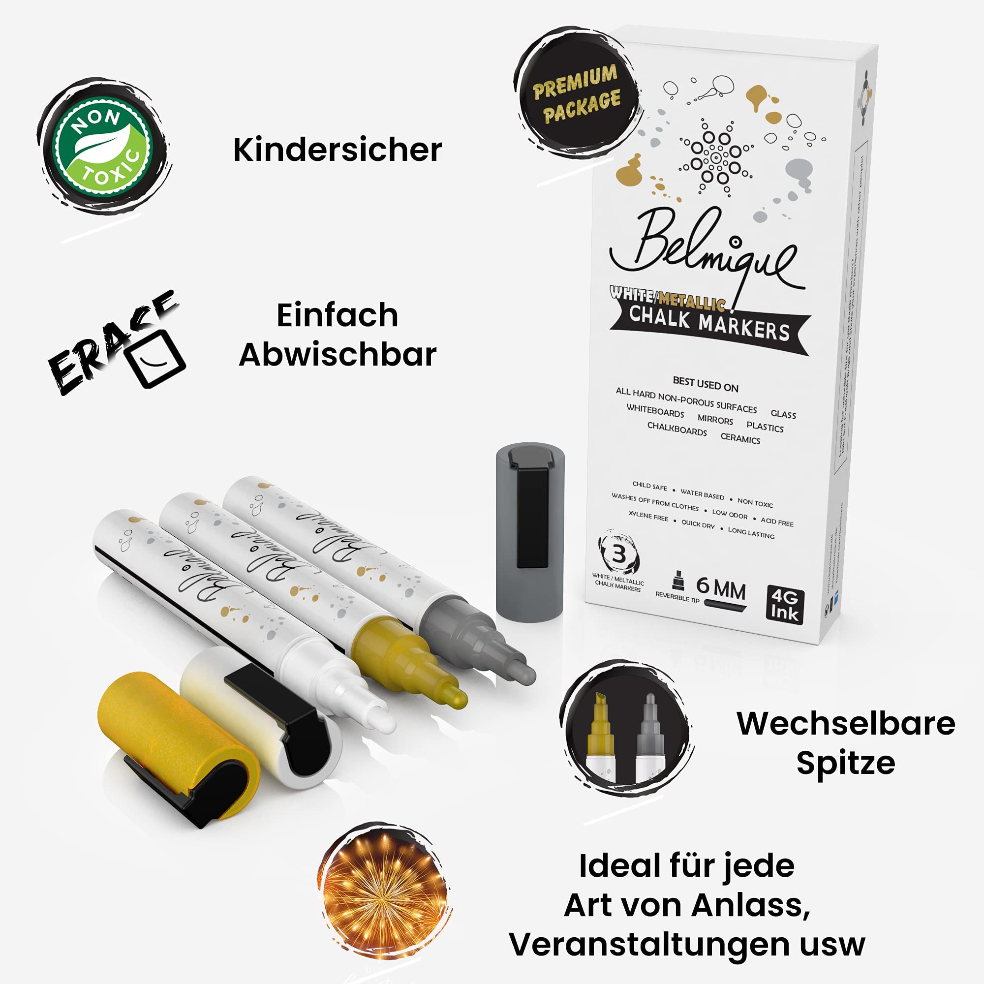 Belmique Kreidestifte 3er Set Gold, Silber, Weiß – Flüssige Kreidemarker Für Tafel, Fenster, Whiteboard