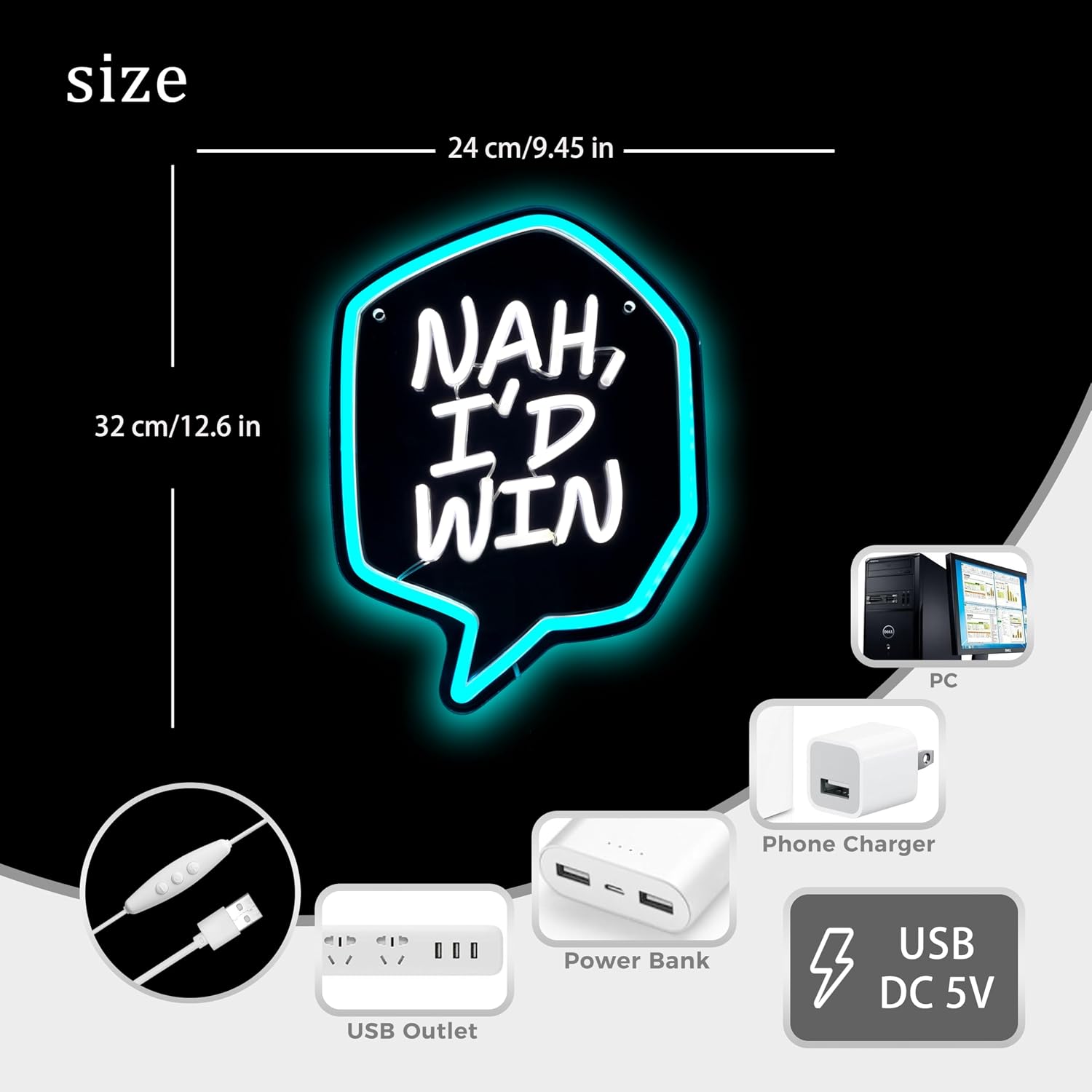Anime Neon Sign "Nah, I’d Win",LED Anime Neon Lights for Wall Decor,USB Powered Cool Anime Quote Neon Sign for Bedroom Gaming Room Desk Setup Bar Man Cave Decor,Gift for Anime Fans.