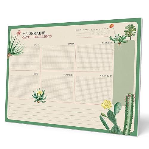 Grupo Erik French Version Botanical Cacti A4 Desk Pad with Daily, Weekly and Monthly Calendar | Desktop Planner | Desktop Note Pad | 54 Undated Tear Off Sheets | 8.3 x 11.7 inches | To Do List