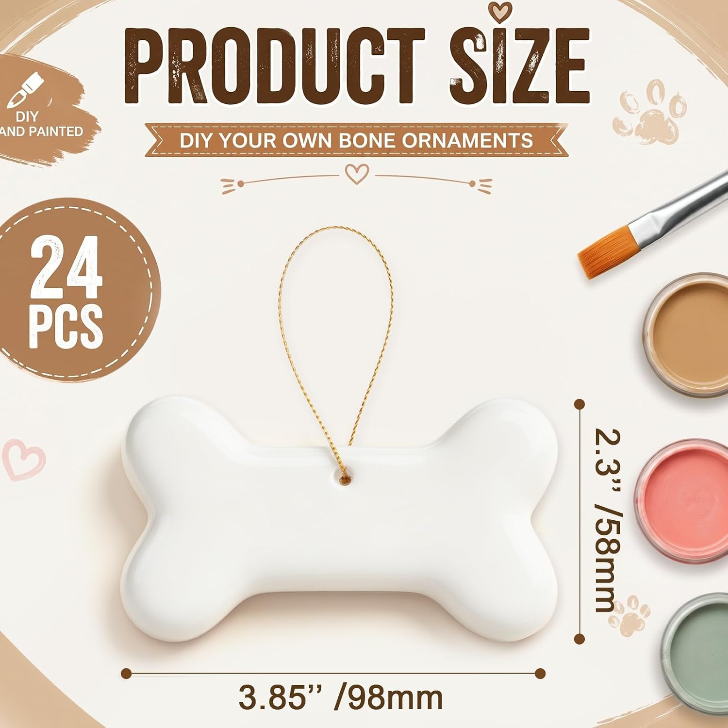 OBreezify 24 Pcs Ceramic Dog Bone Ornaments Unpainted Ready to Paint Bulk