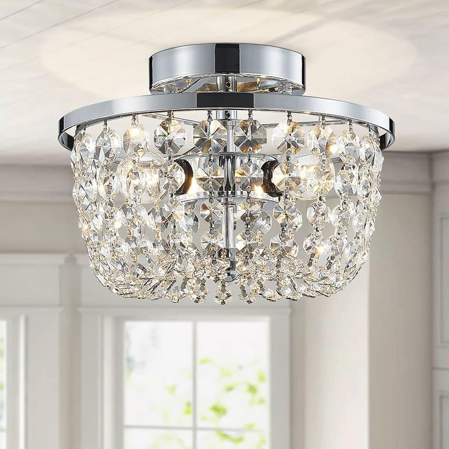 WUZUPS Crystal Chandelier Semi-Flushmount Ceiling Light Modern Lighting Fixture for Bedroom Hallway Bar Kitchen Bathroom, H 19.3cm W 25cm, Chrome, G9 Base