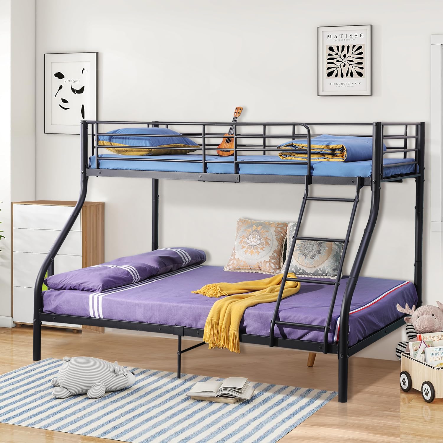 Letto a Castello 3 Posti in Metallo 90x200/140x200 cm, Nero | Letto a castello salvaspazio con barriera anticaduta e scaletta sicura, struttura in metallo robusto per bambini e famiglie.
