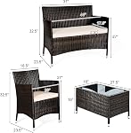 Tangkula 4-PCS Ensemble de conversation de patio Rattan, mobilier en osier d'extérieur avec table de café en verre trempé et coussin d'épaisseur, ensemble en ossature de chaise de rotan pour jardin, pelouse, piscine et jardin (1, Marron)