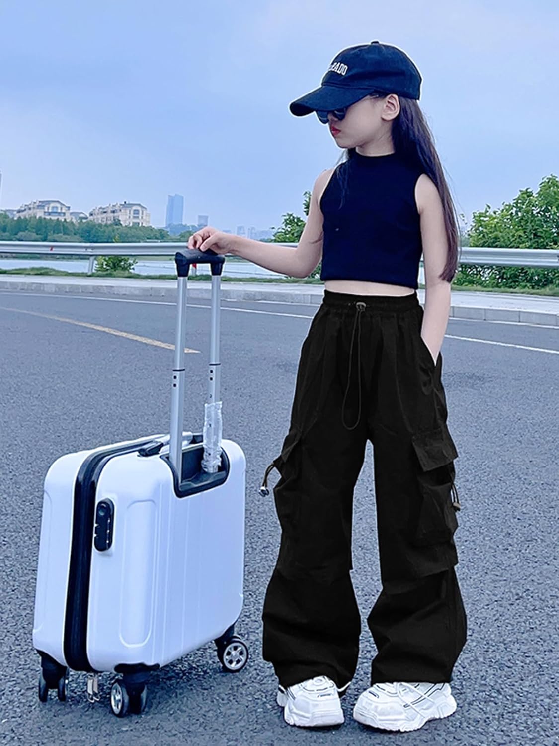 AOWKULAE Girls Cargo Pants Elastic Waist Drawstring Parachute Pants with Pockets, 5-14 Years - Image 4