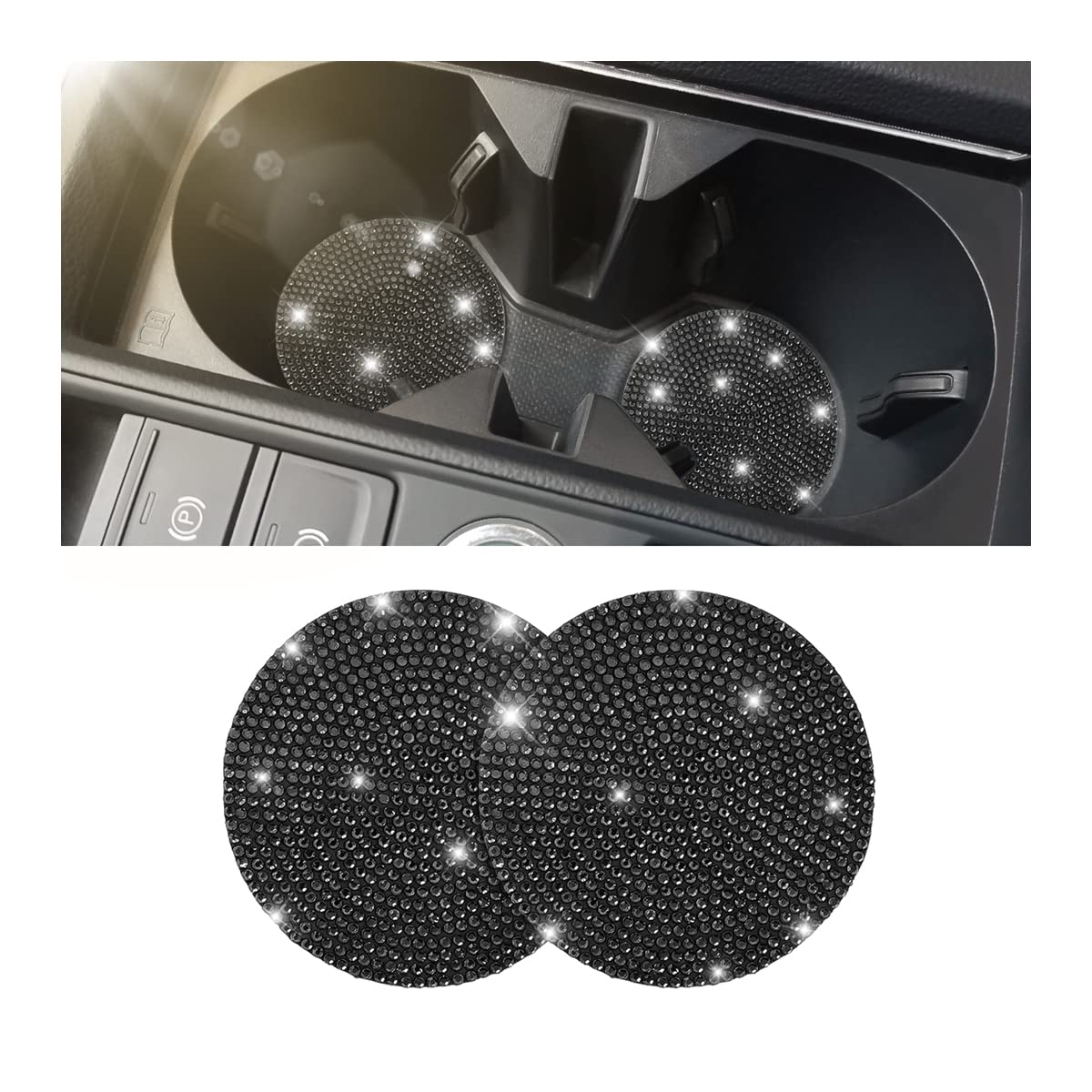2PCS Bling Car Cup Holder Coaster, Handcrafted Rhinestone Crystal Cup Holder Coaster Anti-Slip Universal for Cars, SUVs, Home, Office, Car Interior Accessories for Women & Men (Black)