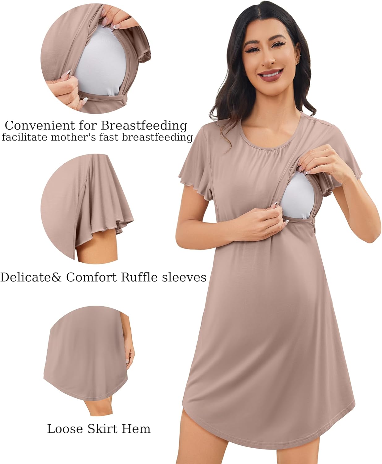 SWOMOG 3PCS Maternity Nursing Nightgown & Pajamas Set Short Sleeve Pjs for Breastfeeding Hospital Pregnancy Lounge Sets - Image 4