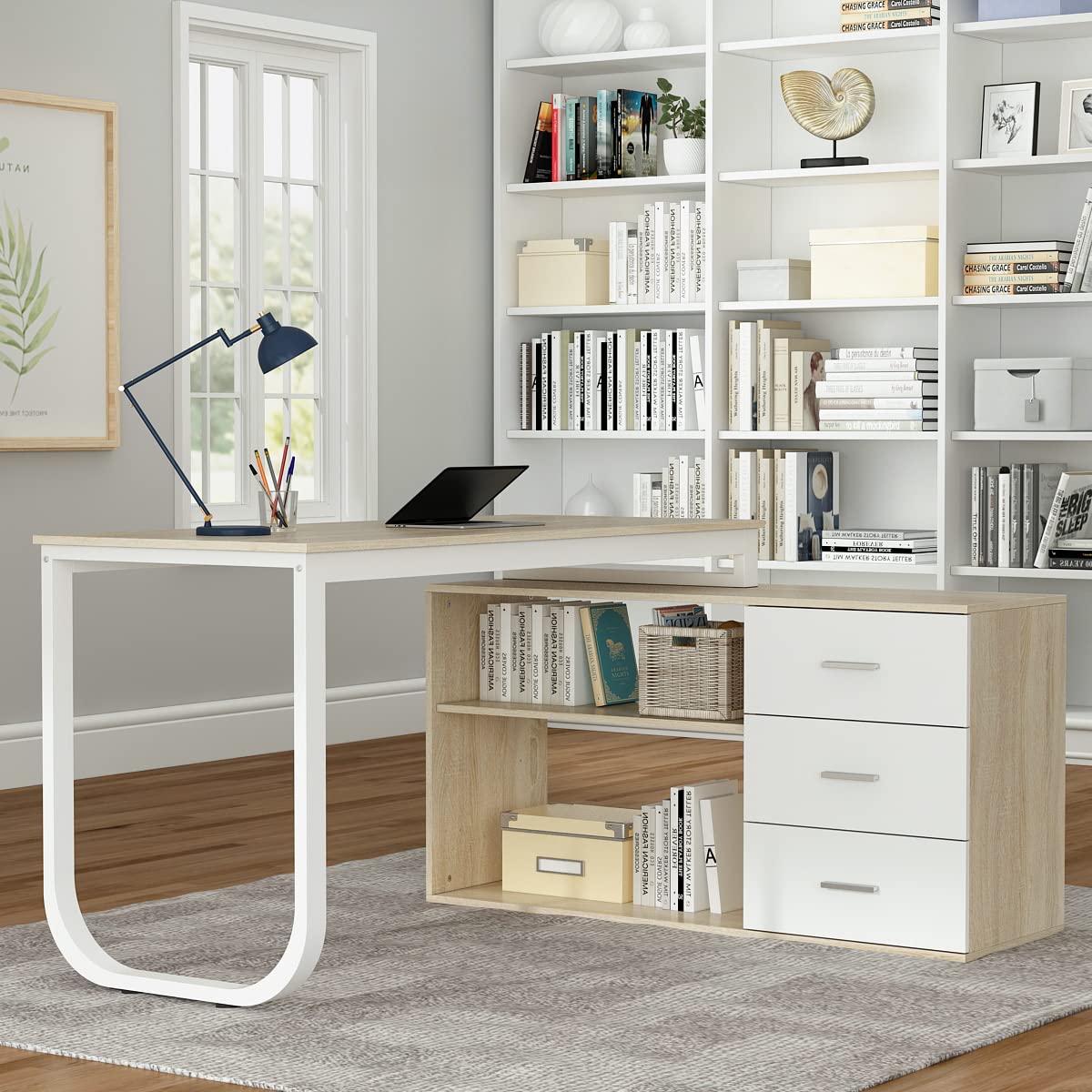 Escritorio en forma de L, escritorio de esquina, escritorio para ordenador, escritorio con 3 cajones y 2 compartimentos abiertos, mesa de trabajo, mesa de oficina, 130 x 105 x 75 cm, MDF