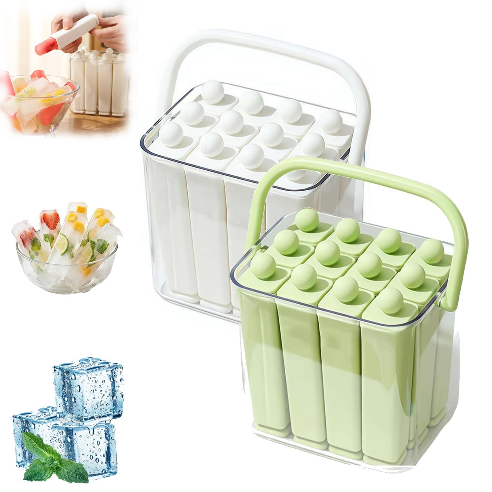 Silikon Eiswürfelform für Flaschen mit Behälter, Eisstangen Form Lang & Schmal, Wiederverwendbare Stieleisform mit Deckel, Eiswürfelbehälter Box für Sporttrinkflaschen, Matcha, Saft (2 PCS,Large)