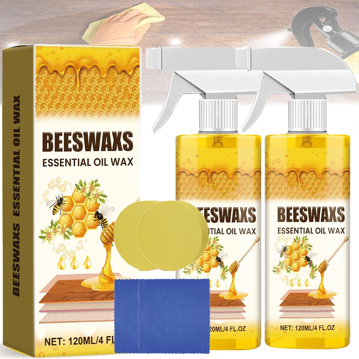 Beeswax Wood Polish Spray, Beeswax Spray Furniture Polish, Beeswa𝐱 Essential Oil Spra𝐲, Beeswa𝐱 Wood Conditioner, Natural Wo𝐨d P𝐨lish Spra𝐲, for Furniture, Floor, Tables, Cabinets (2pcs)
