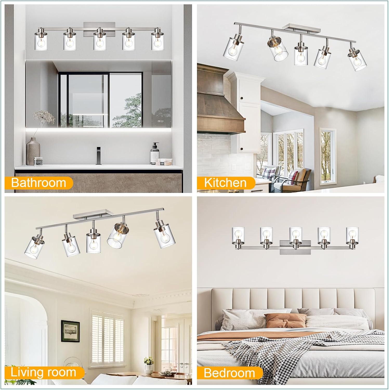 5 Lights Kitchen Track Light Fixtures Ceiling,Brushed Nickle Bathroom Track Lighting Kit w/Ajustable Heads,Modern Wall Amount Ceiling Tracking Lights,Kitchen Ceiling Light Fixtures for Hallway