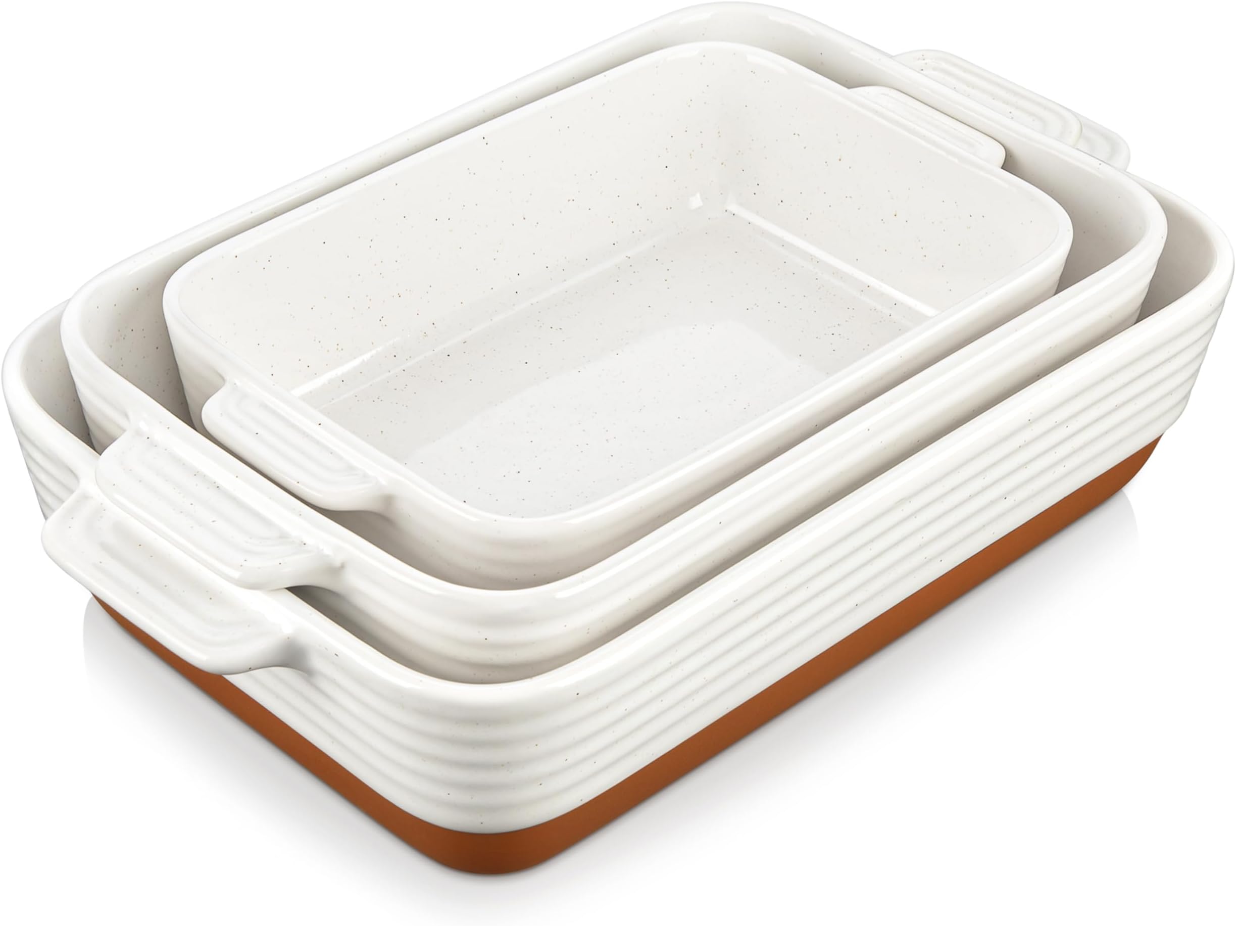 - MALACASA Casserole Dishes for Oven, Ceramic Baking Dishes Set of 3, Baking Pan Casserole Dish Set, Rectangular Lasagna Pan Deep with Handles for Baking, Khaki White (14.5''/13''/10.5''), Series TARA