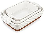 MALACASA Casserole Dishes for Oven, Ceramic Baking Dishes Set of 3, Baking Pan Casserole Dish Set, Rectangular Lasagna Pan Deep with Handles for Baking, Khaki White (14.5''/13''/10.5''), Series TARA