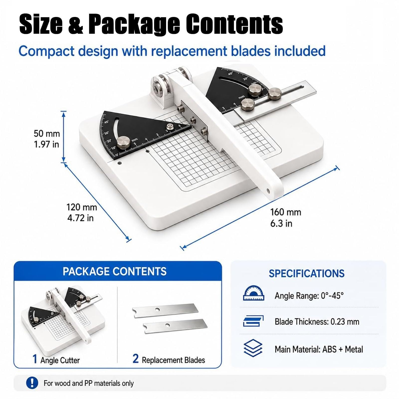 Cortador Angular Manual para Maquetas, 160x120x50 mm | ABS resistente, cortes de 0-45° con hoja fina de 0.23 mm para balsa y PP. Incluye 2 cuchillas. Ideal para carpintería y brico