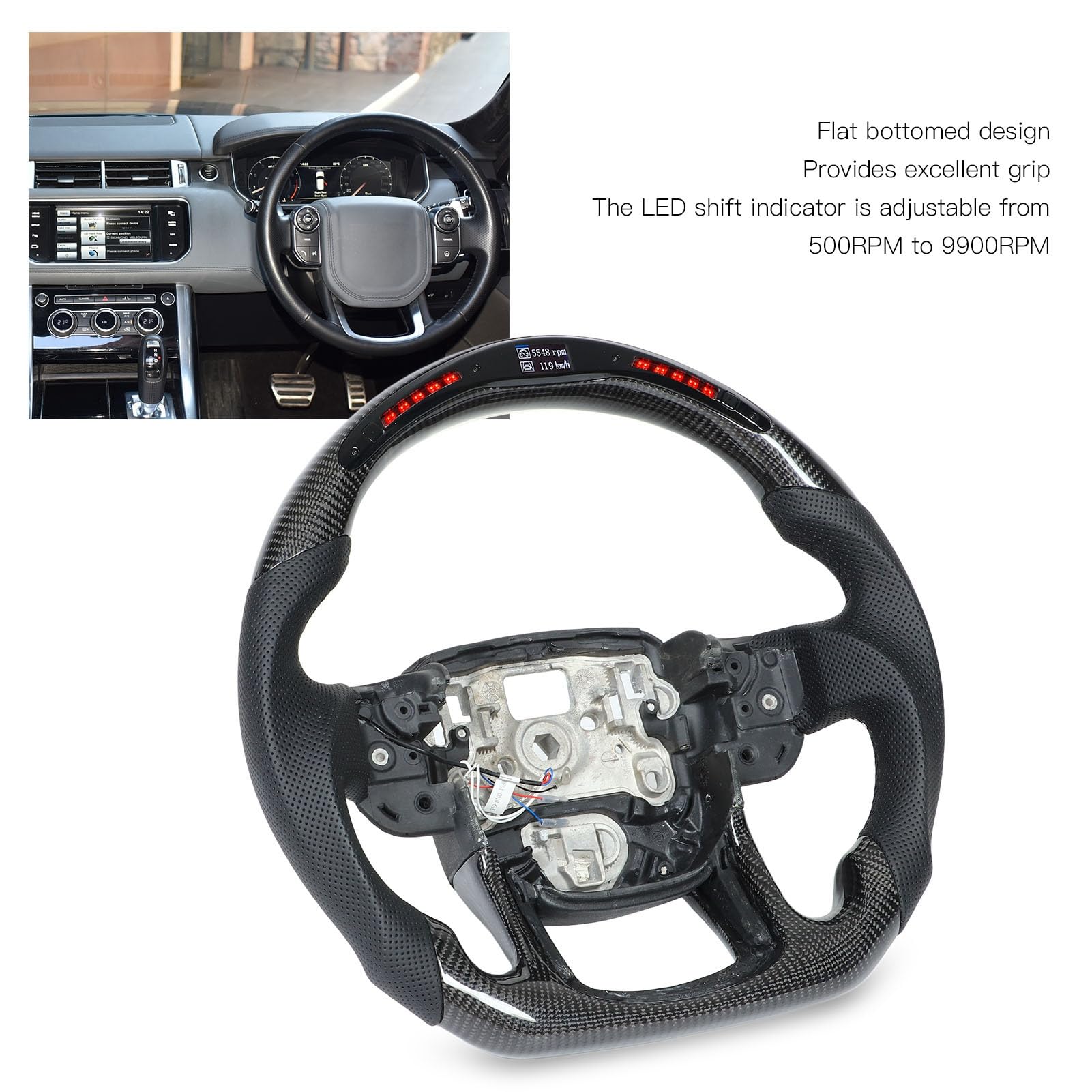 Tbest Volante in Fibra di Carbonio con Luce a LED per Sport L494 2014-2022, Volante da Rpm e RGB con Display LCD, Impugnatura in Pelle Traforata a Forma di D