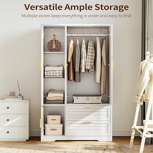 Miniatura 5 de Armario Armario con espejo – Armario de almacenamiento de ropa de madera de 71 pulgadas, Armario con puertas y 2 cajones, Armarios independientes