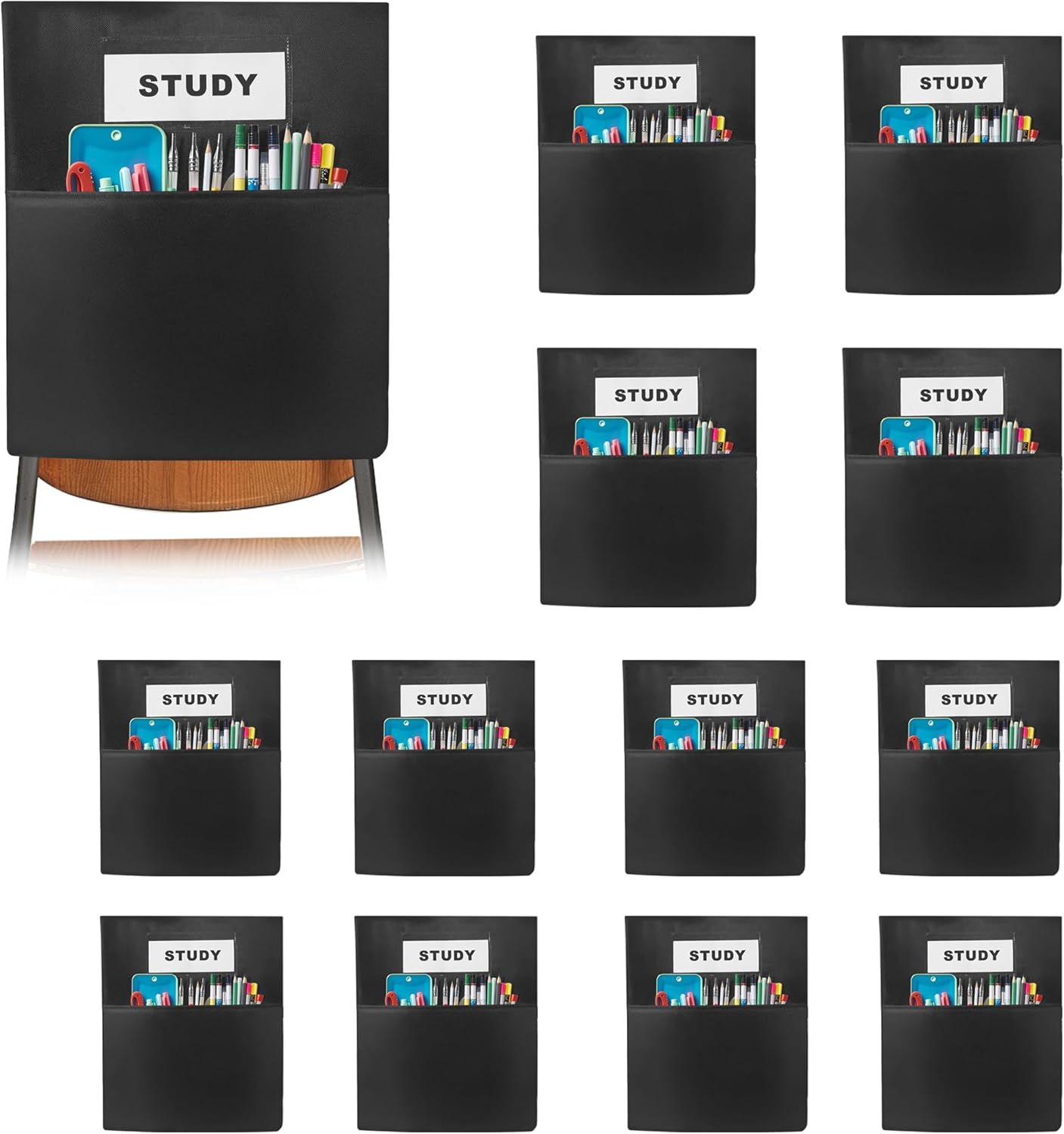 24 PCS Chair Pockets for Classrooms,19.5"x16.5" Seat Sacks for Classroom Chairs K-2, Classroom Student Chair Pockets for Kindergarten, Classroom,School, and Home Seating Storage，Black.