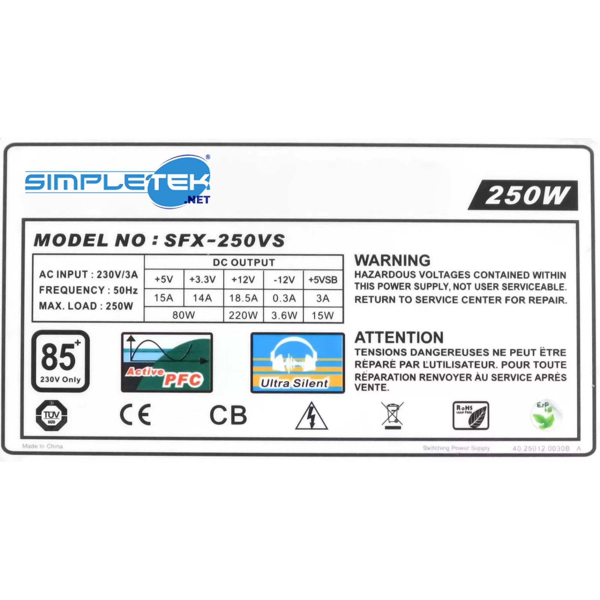 SIMPLETEK - Alimentatore SFX PSU per PC SFX-250VS 250W | 20+4 pin + 4 pin CPU + 2x SATA + 2x Molex + Floppy (Ricondizionato)