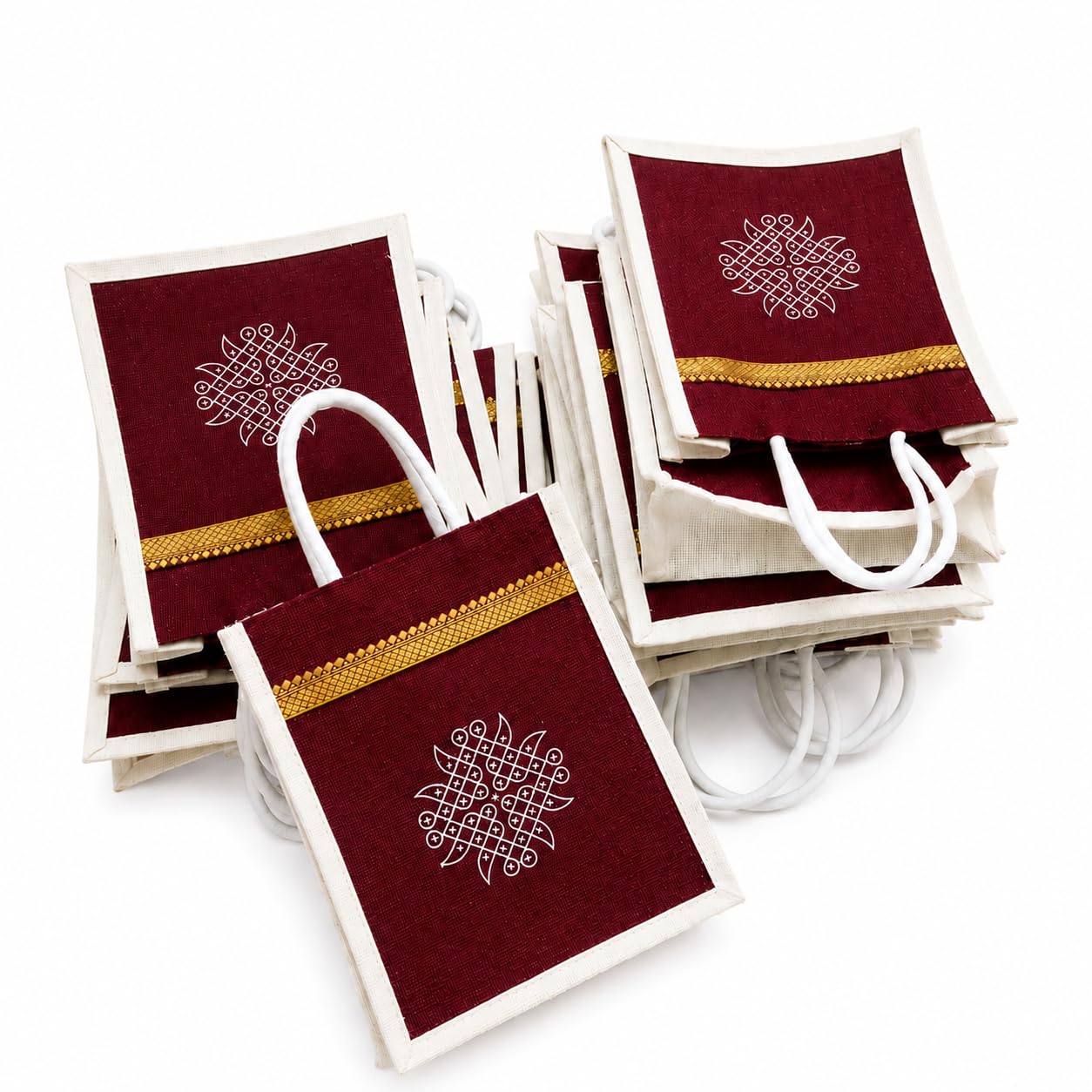 Premium & Trendy Jute Tote Bag with Kolam Print and Golden Zari Border, Maroon 12 Bags (All types of Occasion For Return Gifts-image-22