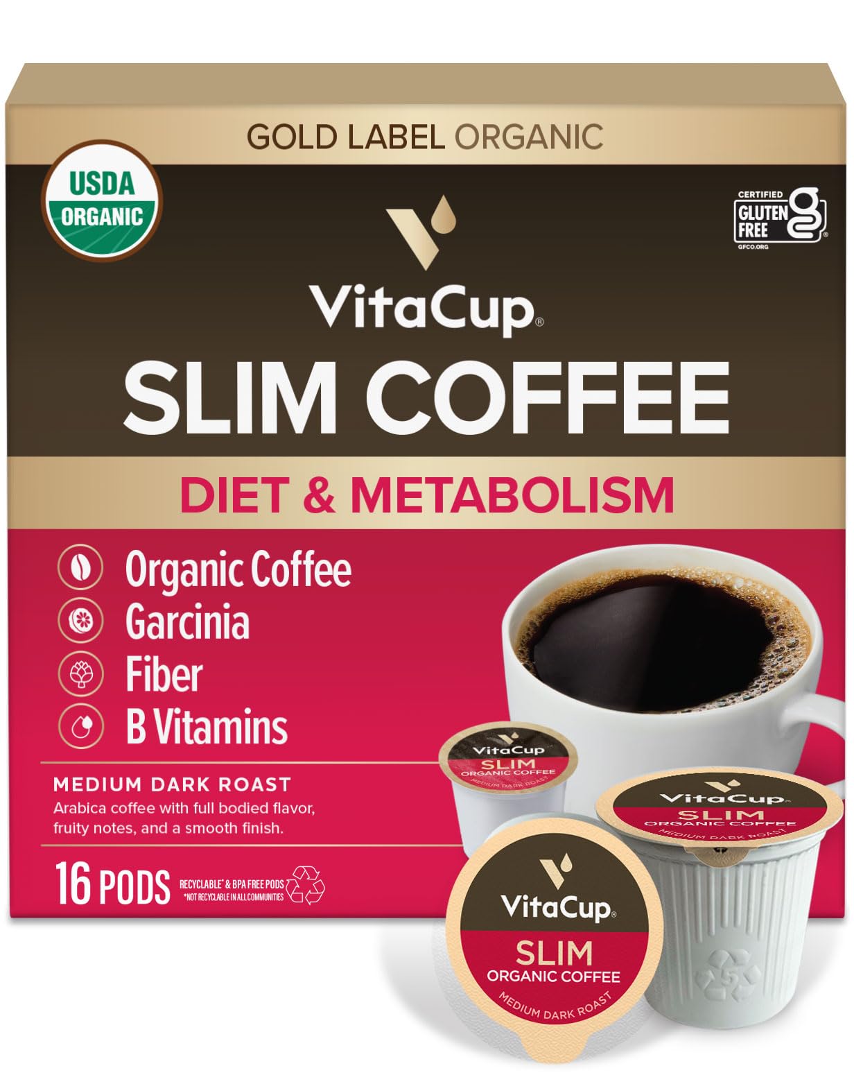 VitaCup Slim Blend Diet|Metabolism Coffee Pods 16ct with Garcinia Cambogia, Panax Ginseng, Paleo|Vegan Friendly, B12, B9, B6, B5, B1, Compatible with K-Cup Brewers Including Keurig 2.0