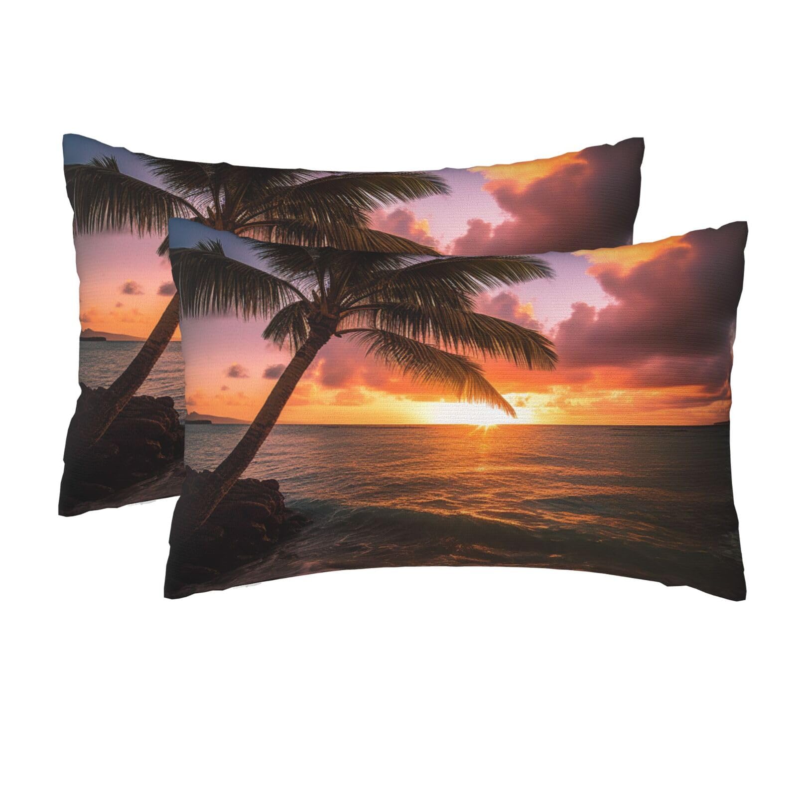 2 Pack Queen Size Pillow Cases for Hair and Skin Soft Breathable Pillow Case Covers with Hidden Zipper Palm Tree Sunset Beach Pillowcase 20x30 Inches Pillow Cover for Sleeping Gift