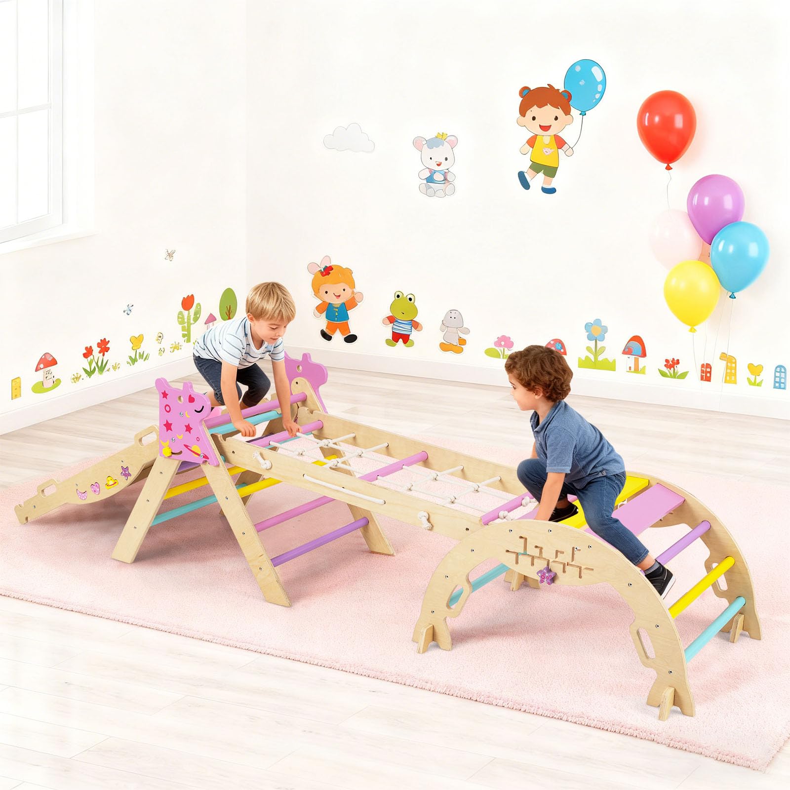 RELAX4LIFE Set da Arrampicata per Bambini, Triangolo di Arrampicata con Scivolo e Arco, Gioco di Incastri in Legno, Gioco Montessori per Bambini 1+ Anni (Unicorno-4 Pezzi | Macaron)